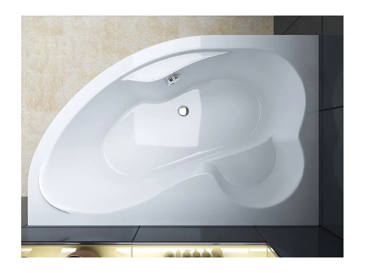 Baignoire asymétrique 160x105 Droite MEGA acrylique blanc + Habillage en polystyrène + Pieds + Vidage à chromé