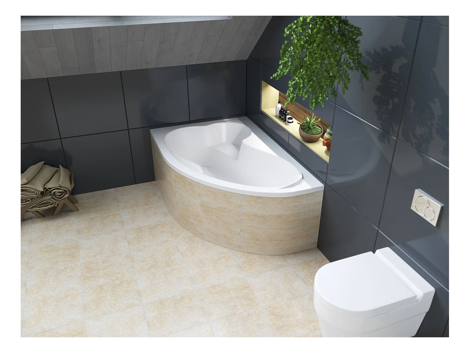 Baignoire asymétrique 160x105 Droite MEGA acrylique blanc + Habillage en polystyrène + Pieds + Vidage à chromé