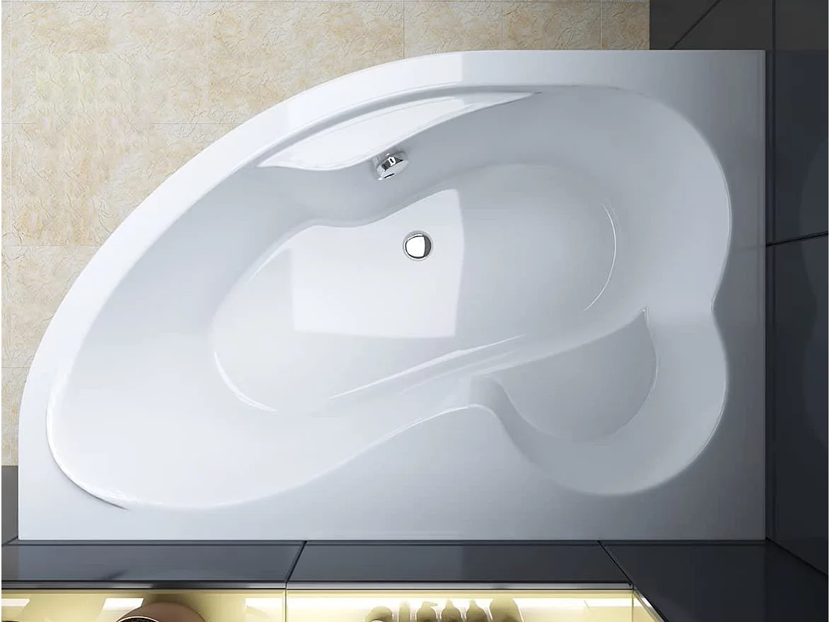 Baignoire asymétrique 160x105 Droite MEGA acrylique blanc + Habillage en polystyrène + Pieds + Vidage à chromé