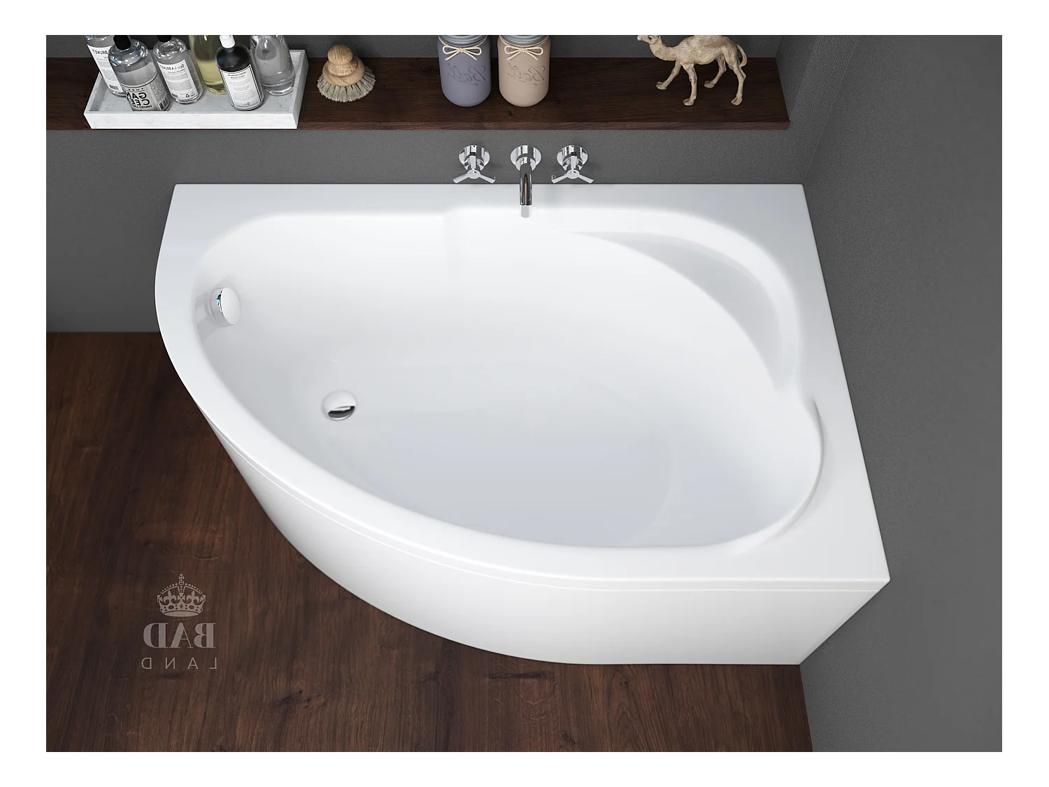 Baignoire asymétrique 130x85 Droite STANDARD acrylique blanc, sans Habillage + Pieds + Vidage à chromé