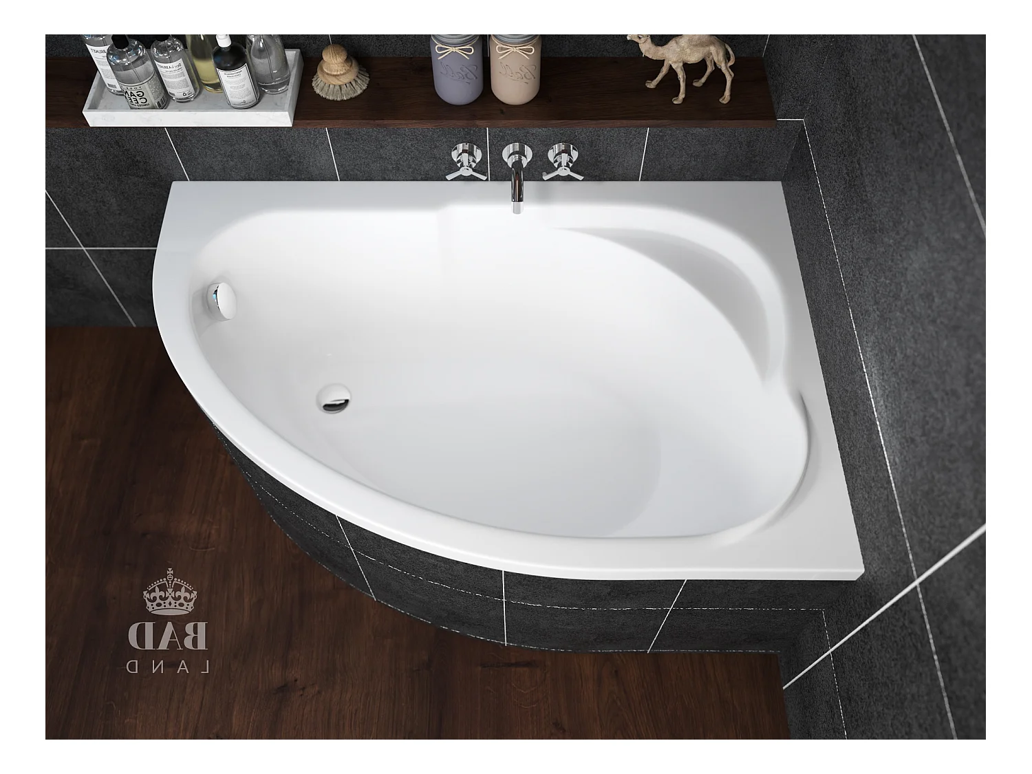 Baignoire asymétrique 130x85 Droite STANDARD acrylique blanc, sans Habillage + Pieds + Vidage à chromé