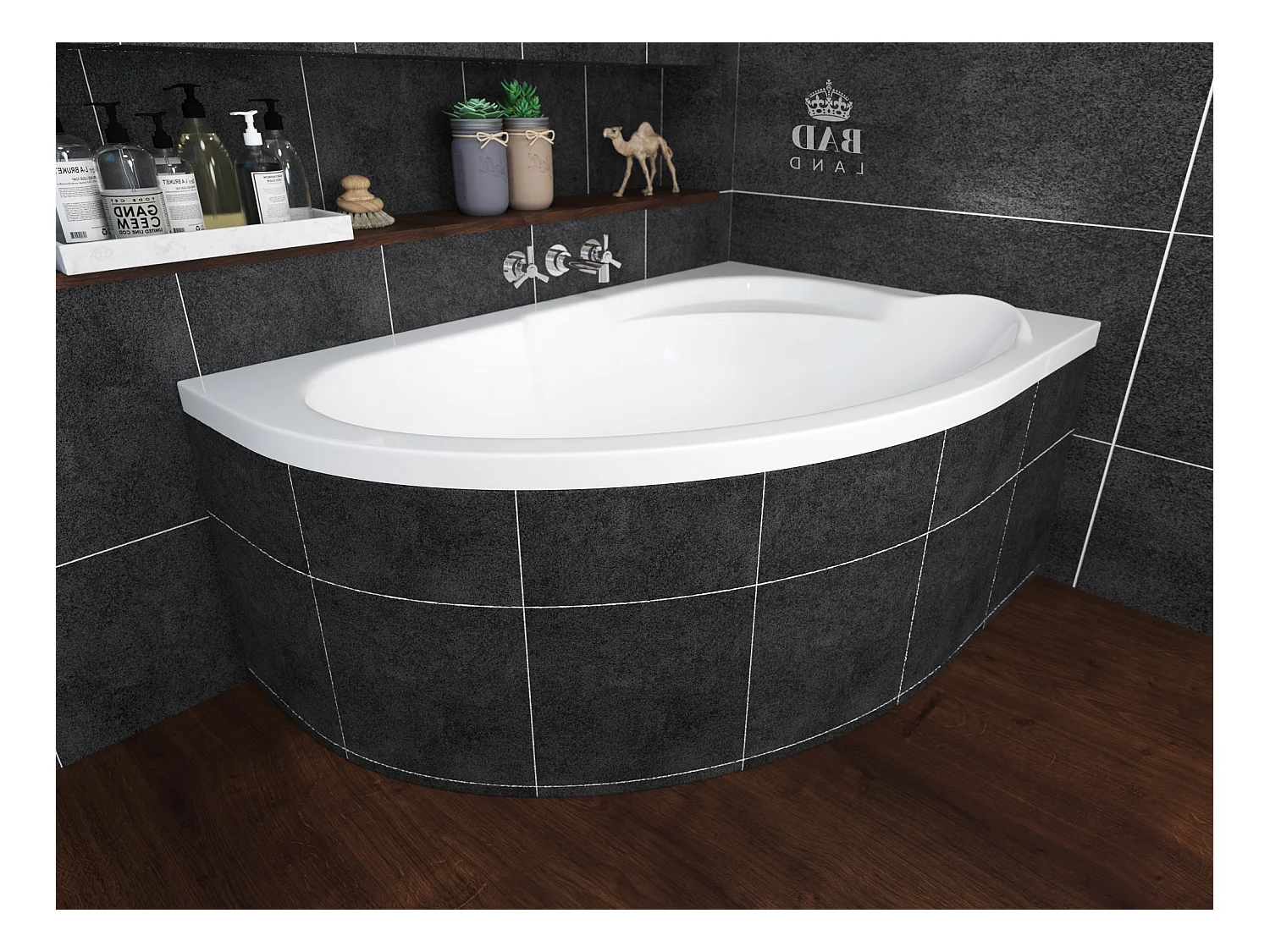 Baignoire asymétrique 130x85 Droite STANDARD acrylique blanc, sans Habillage + Pieds + Vidage à chromé