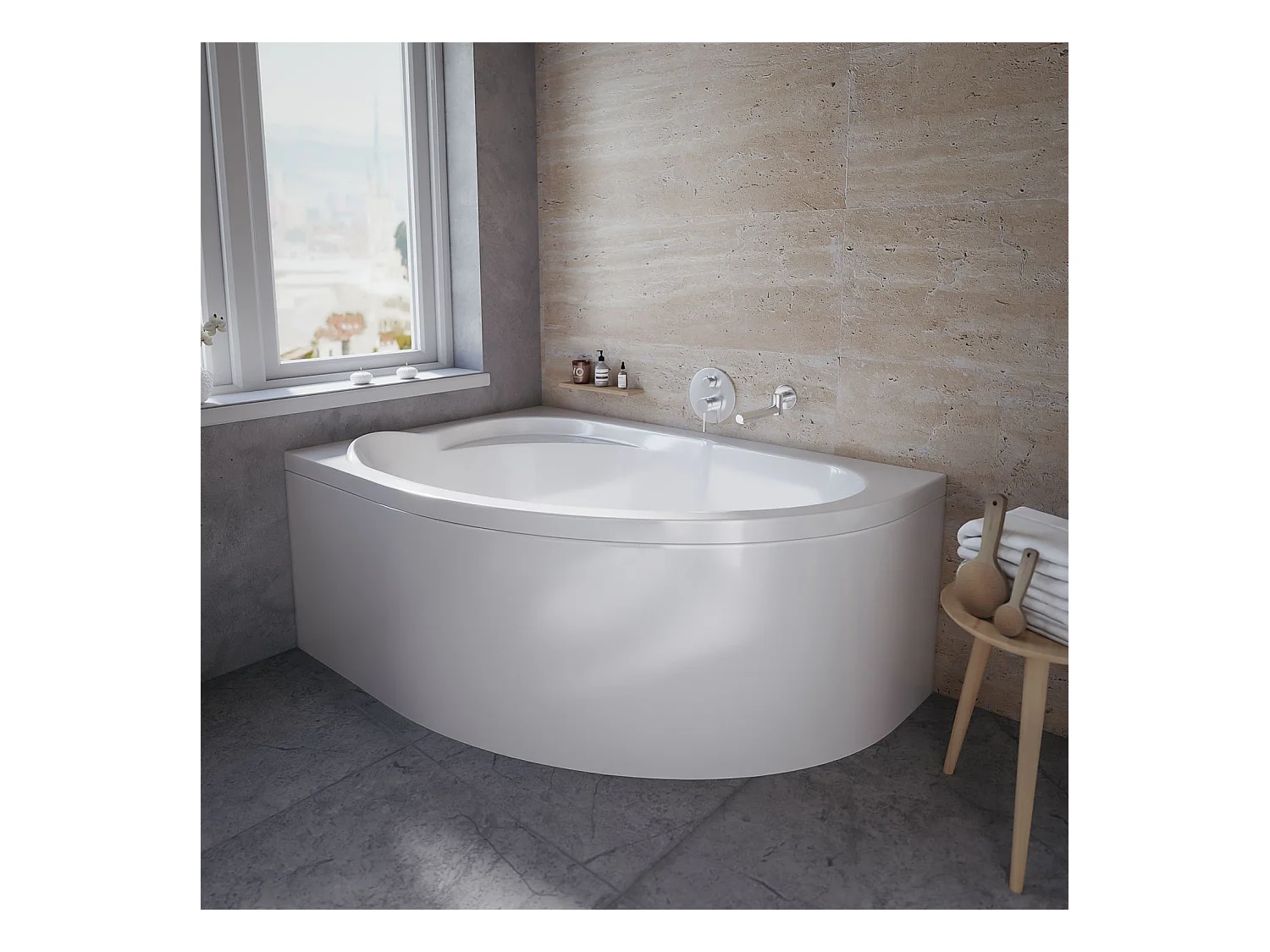 Baignoire asymétrique 130x85 Droite STANDARD acrylique blanc, sans Habillage + Pieds + Vidage à chromé