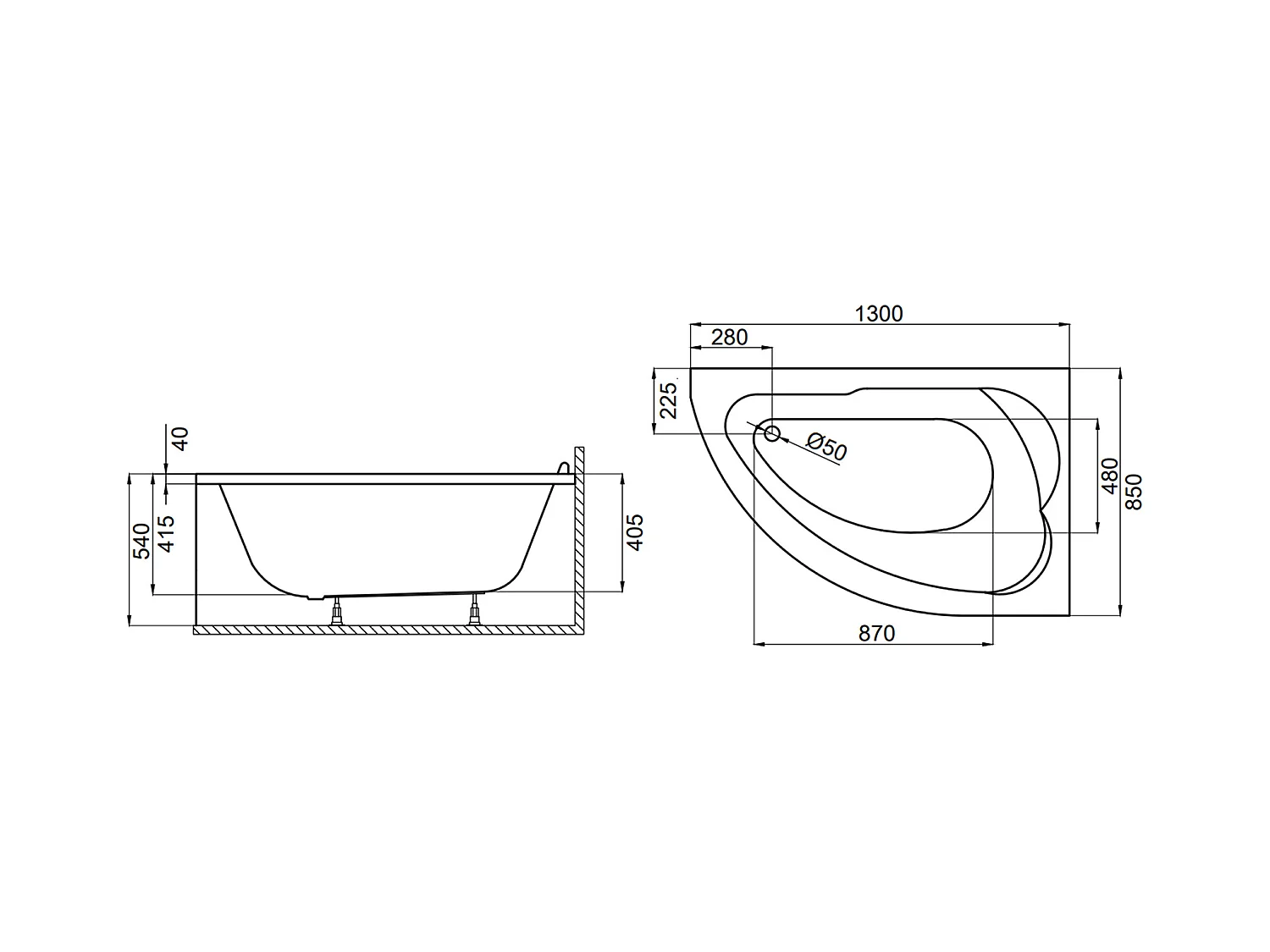 Badewanne Eckwanne STANDARD 130x85 Rechts | Ablauf & Füße GRATIS !