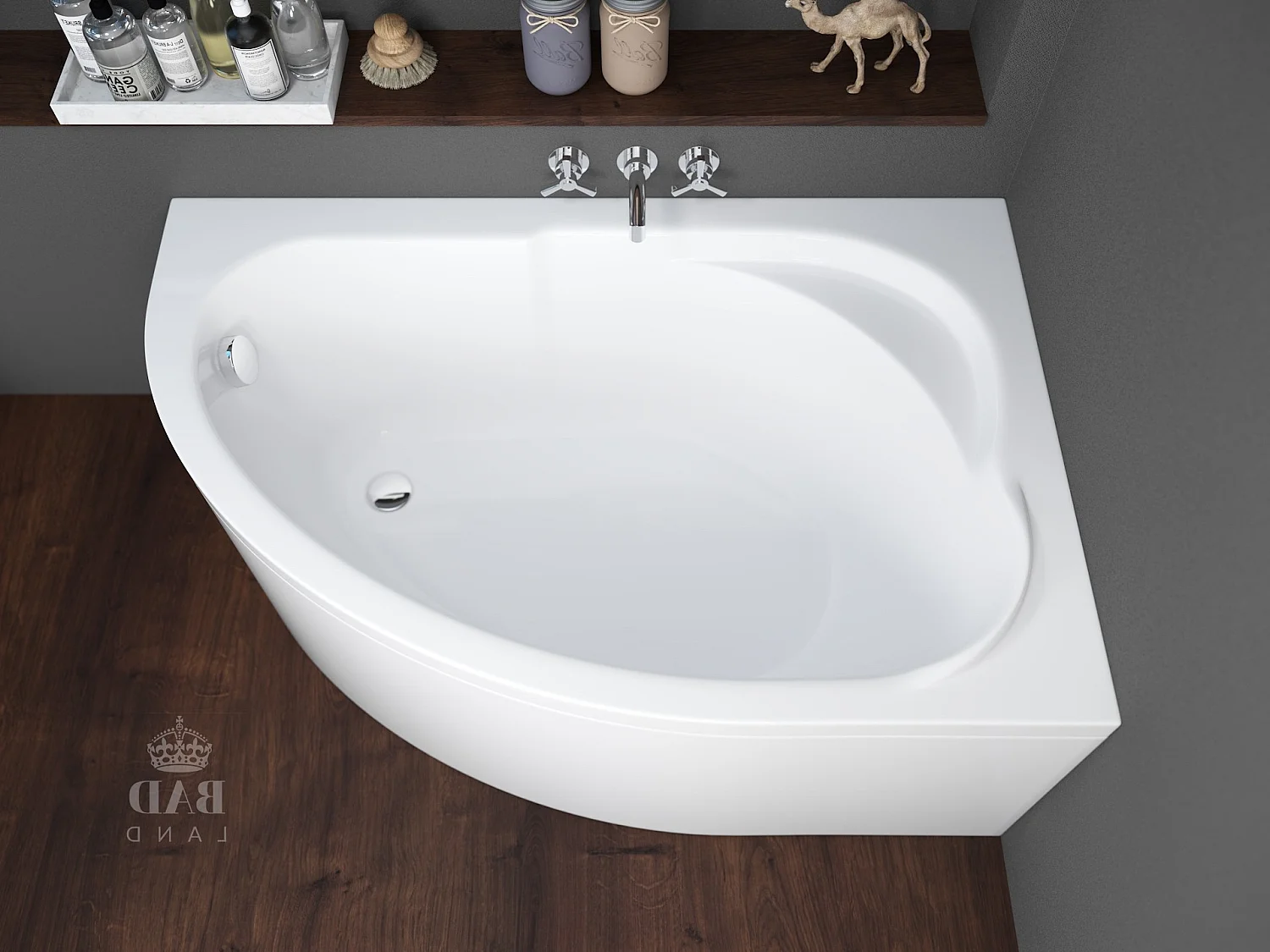 Baignoire asymétrique 130x85 Droite STANDARD acrylique blanc, sans Habillage + Pieds + Vidage à chromé