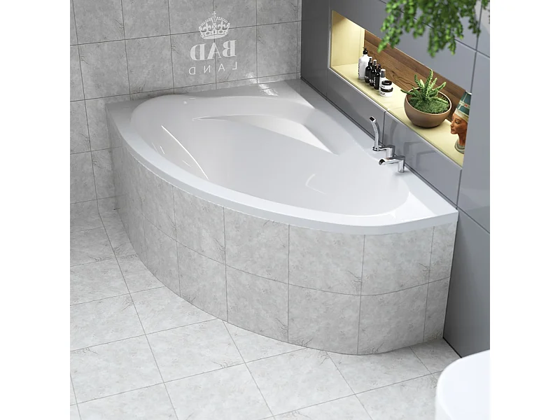 Baignoire asymétrique 150x100 Gauche MAREA acrylique blanc + Habillage en polystyrène + Pieds + Vidage à chromé