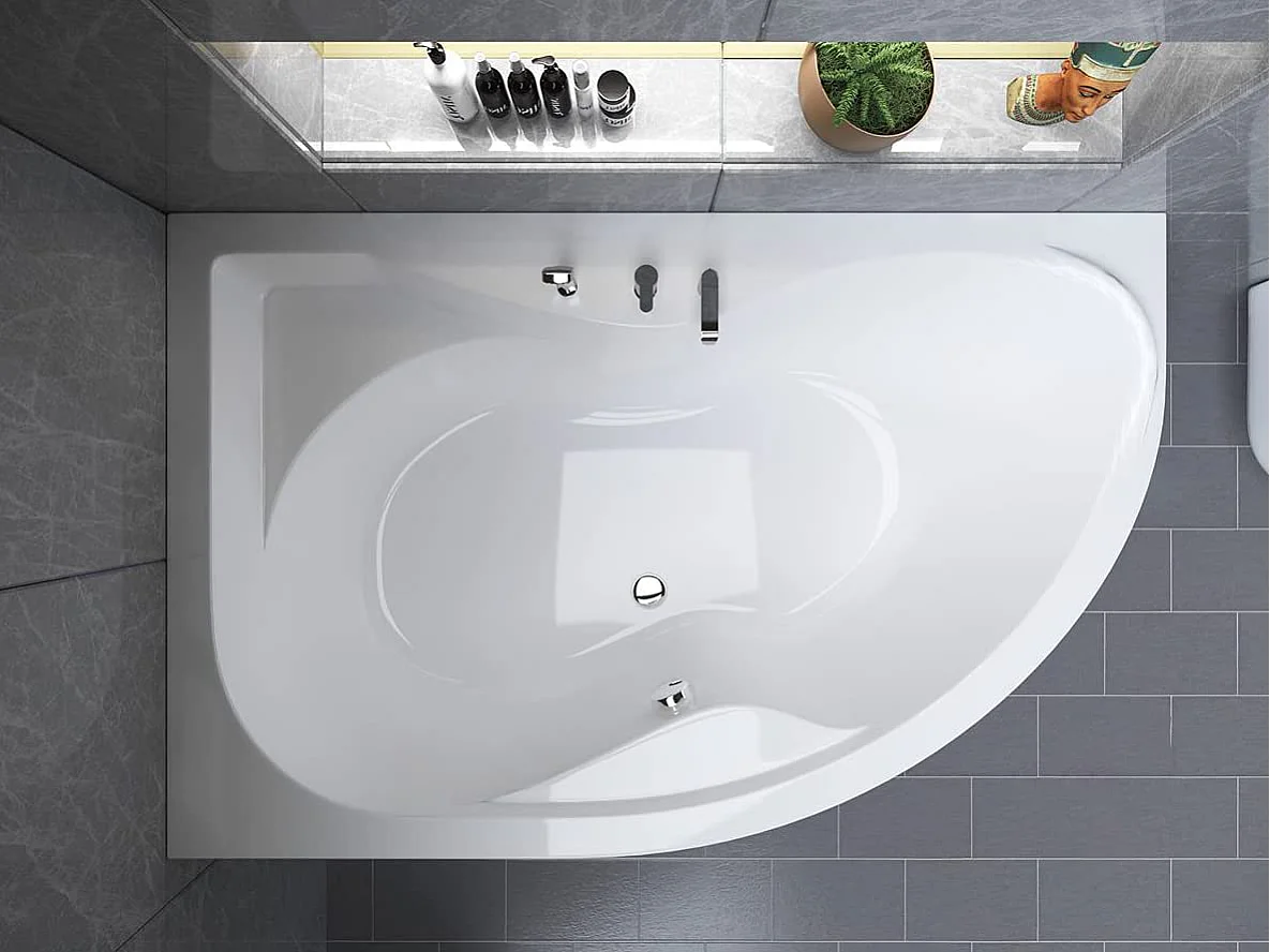 Baignoire asymétrique 170x110 Gauche DORA acrylique blanc + Habillage en polystyrène + Pieds + Vidage à chromé