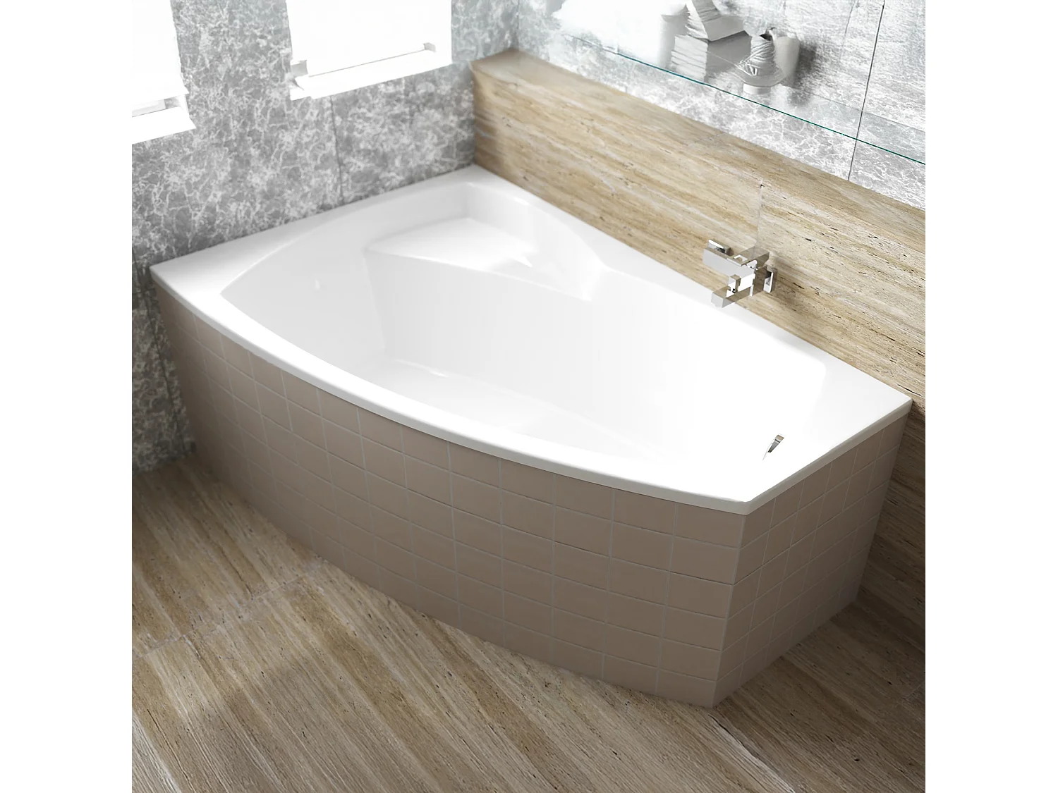 Baignoire asymétrique 150x90 Droite FRIDA acrylique blanc + Habillage en polystyrène + Pieds + Vidage à chromé