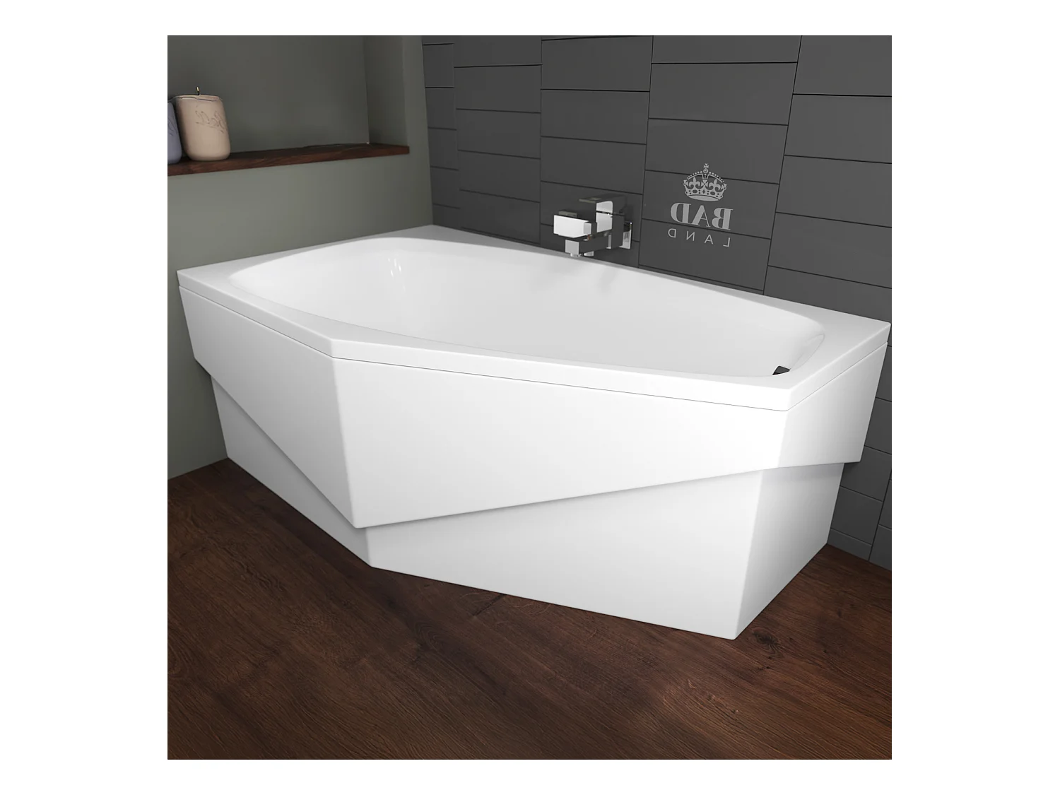 Baignoire asymétrique 140x80 Gauche MARIKA acrylique blanc + avec Tablier + Pieds + Vidage à chromé