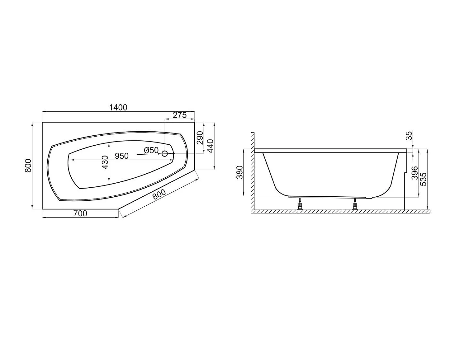 Badewanne Eckwanne MARIKA 140x80 Links mit AcrylSchürze | Ablauf & Füße GRATIS !