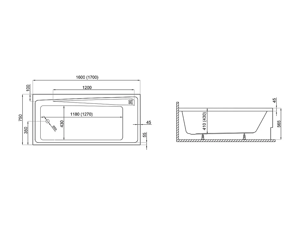 Baignoire rectangulaire 170x75 ELZA acrylique blanc + avec Tablier + Pieds + Vidage à chromé
