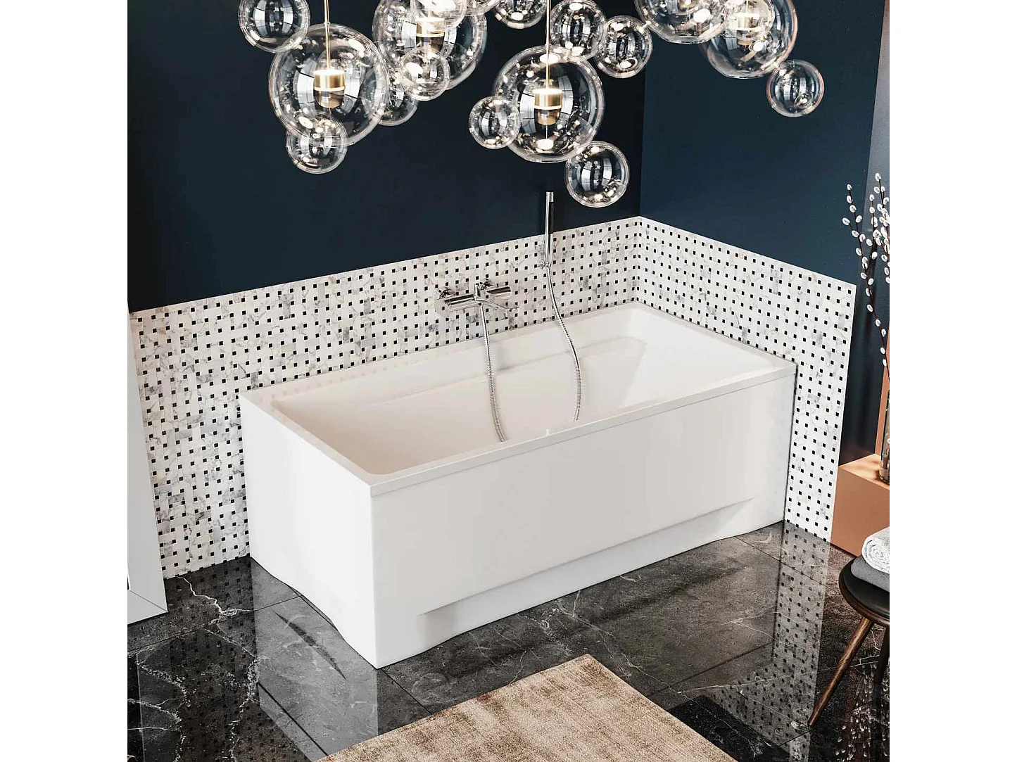 Baignoire rectangulaire 140x70 ELZA acrylique blanc + avec Tablier + Pieds + Vidage à chromé