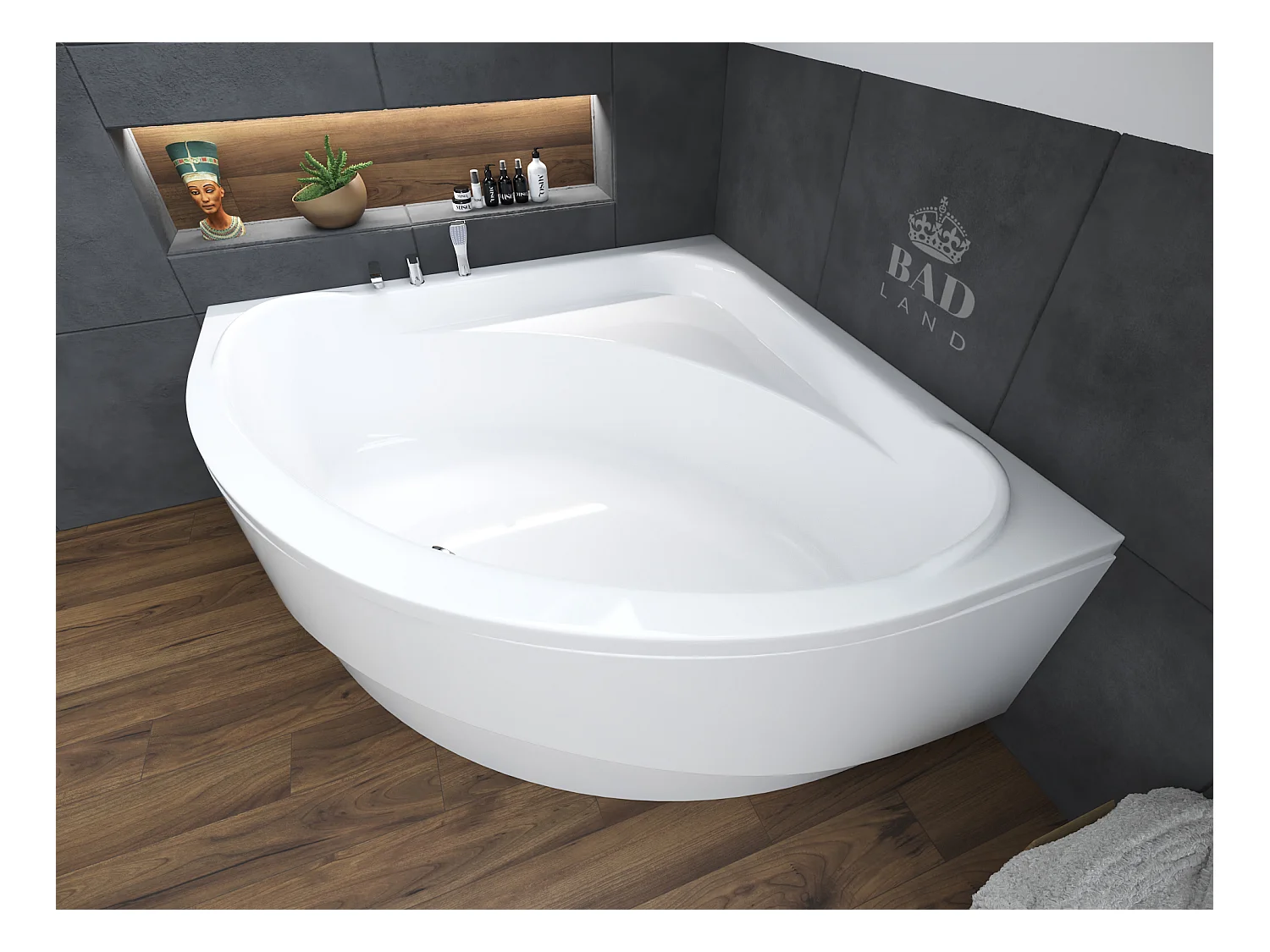 Baignoire asymétrique 140x140 STANDARD acrylique blanc, sans Habillage + Pieds + Vidage à chromé