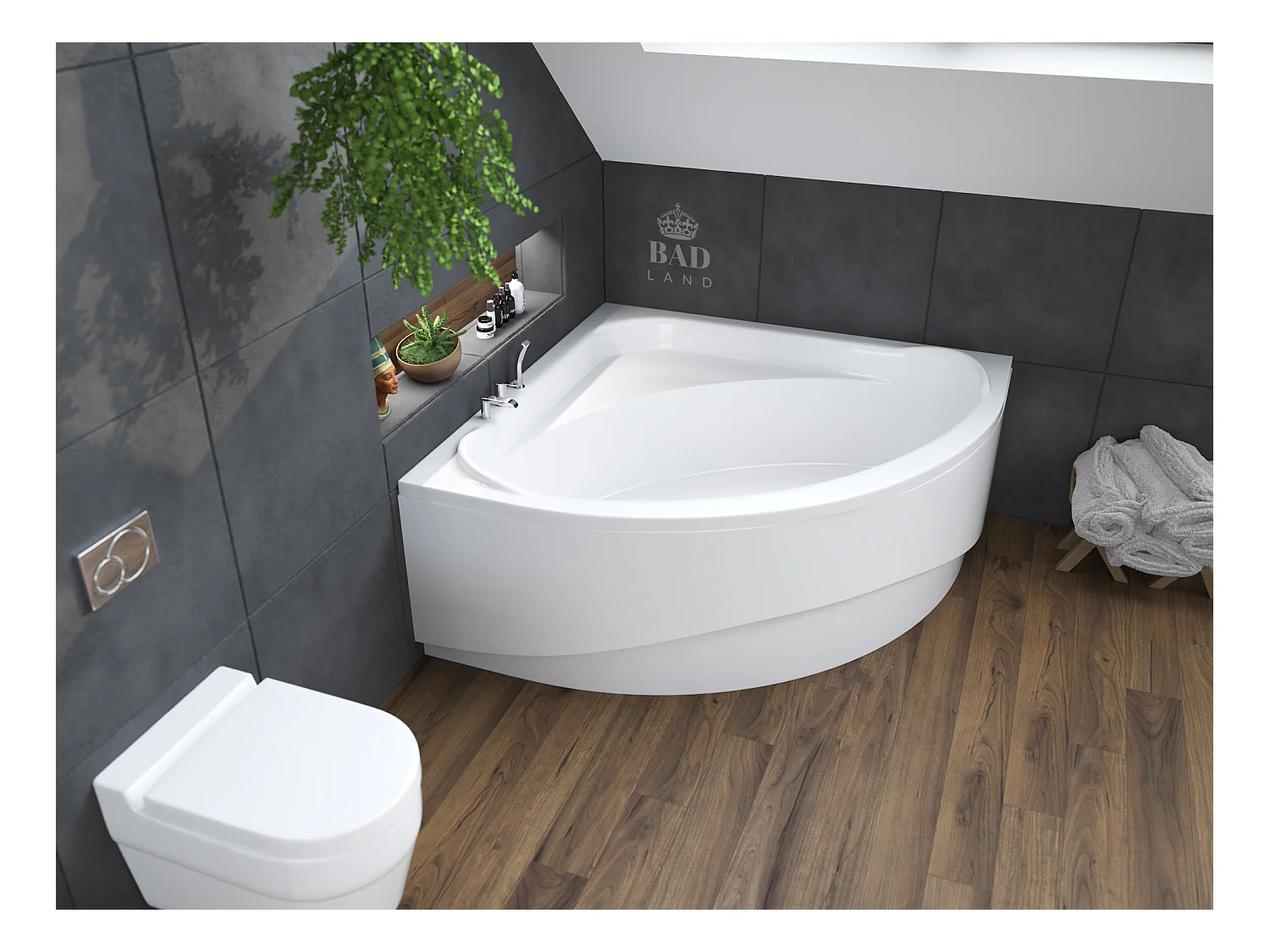 Baignoire asymétrique 140x140 STANDARD acrylique blanc, sans Habillage + Pieds + Vidage à chromé