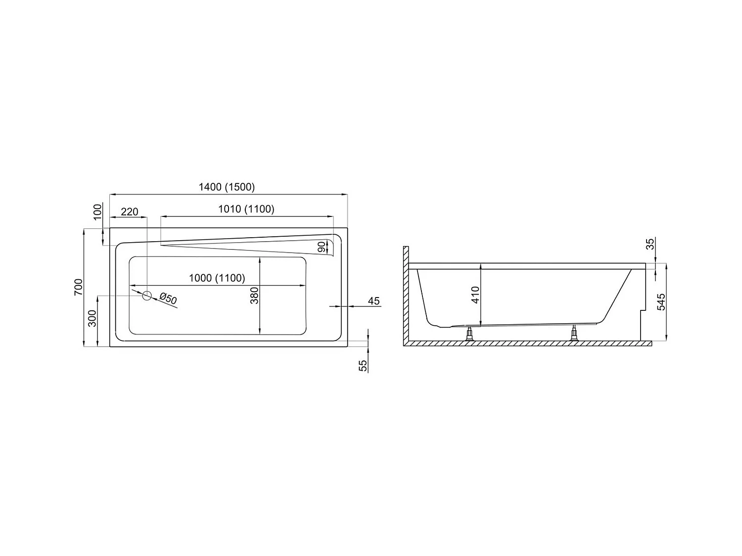 Baignoire rectangulaire 140x70 ELZA acrylique blanc, sans Habillage + Pieds + Vidage à chromé