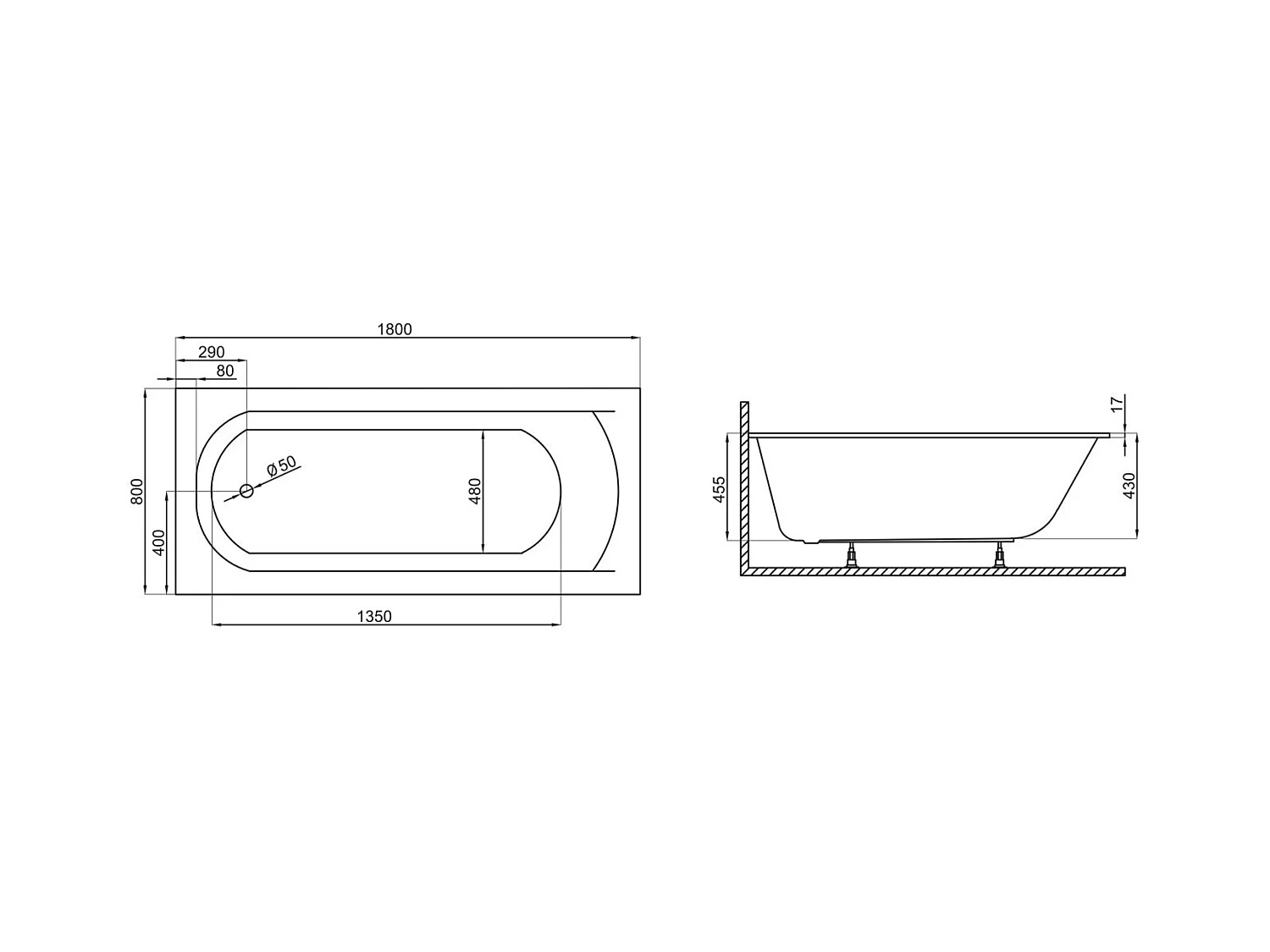 Baignoire rectangulaire 180x80 CLASSIC SLIM acrylique blanc, sans Habillage + Pieds + Vidage à chromé