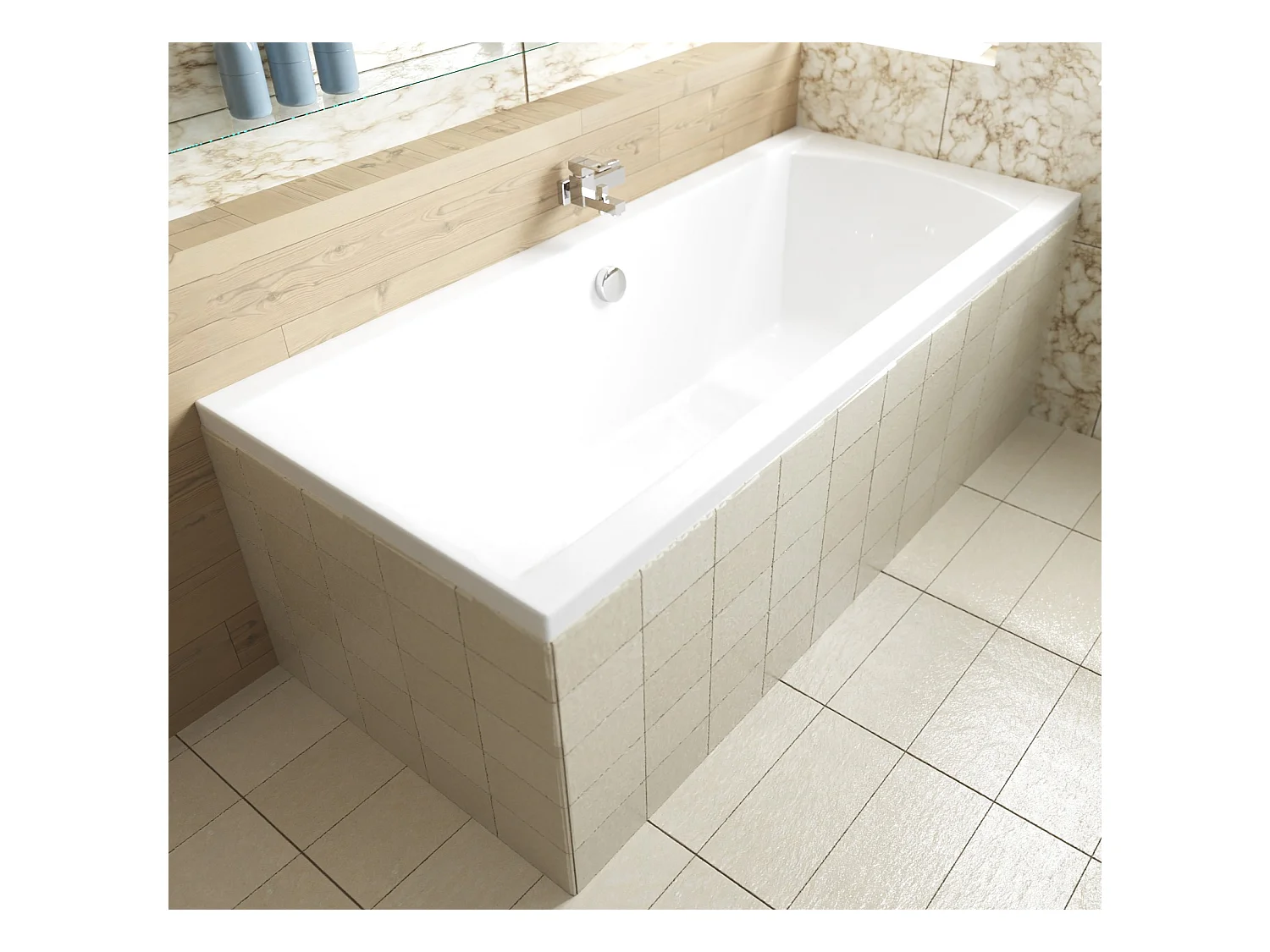Baignoire rectangulaire 160x75 INES acrylique blanc + Support stabilisateur en polystyrène + Pieds + Vidage à chromé