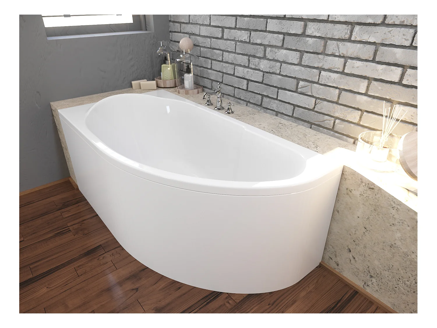 Baignoire asymétrique 145x85 Gauche MIKI acrylique blanc + avec Tablier + Pieds + Vidage à chromé