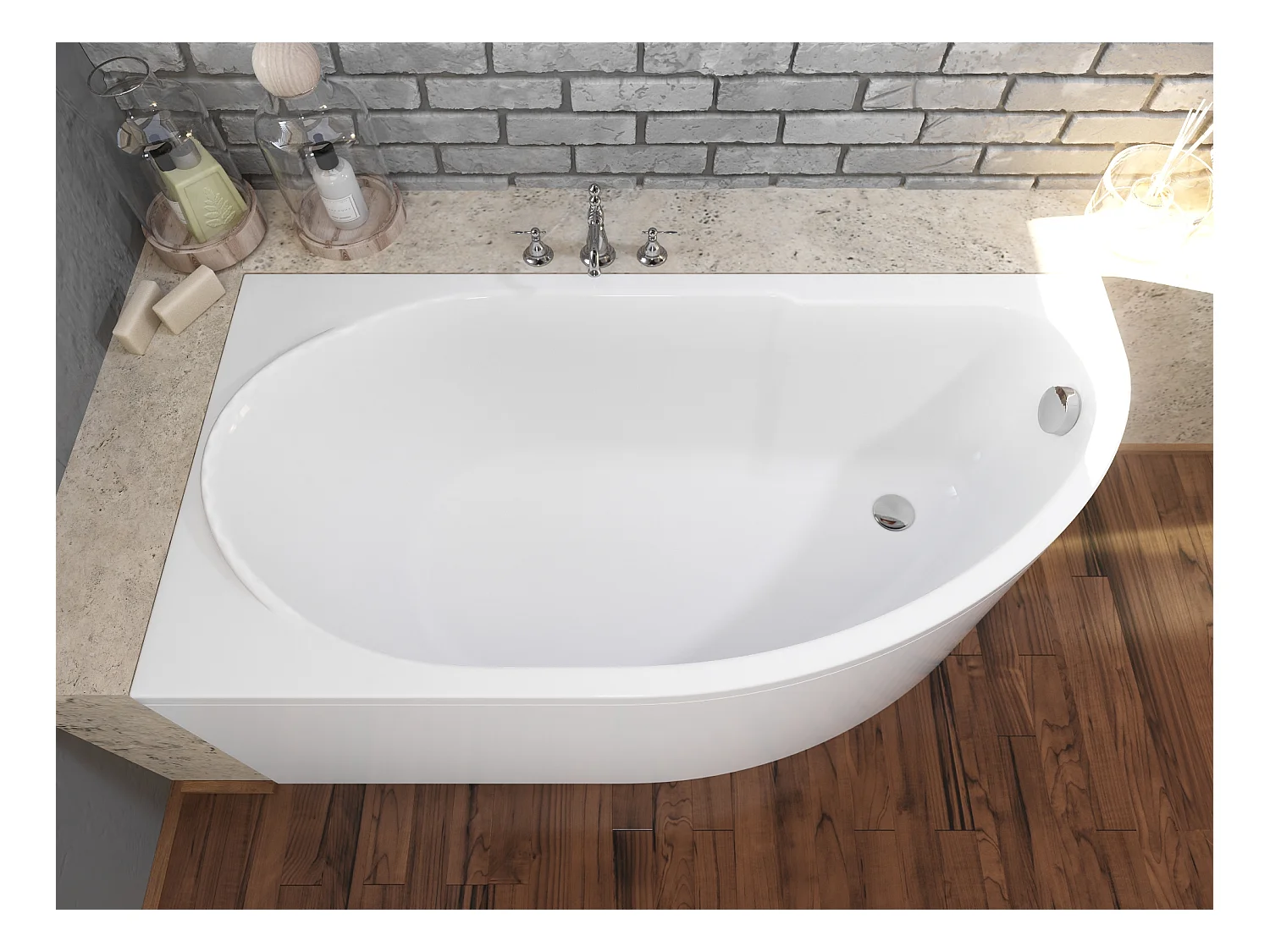 Baignoire asymétrique 145x85 Gauche MIKI acrylique blanc + avec Tablier + Pieds + Vidage à chromé