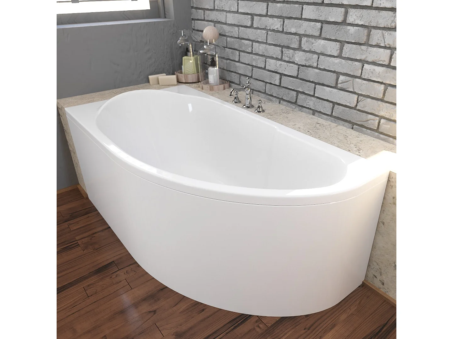 Baignoire asymétrique 145x85 Gauche MIKI acrylique blanc + avec Tablier + Pieds + Vidage à chromé