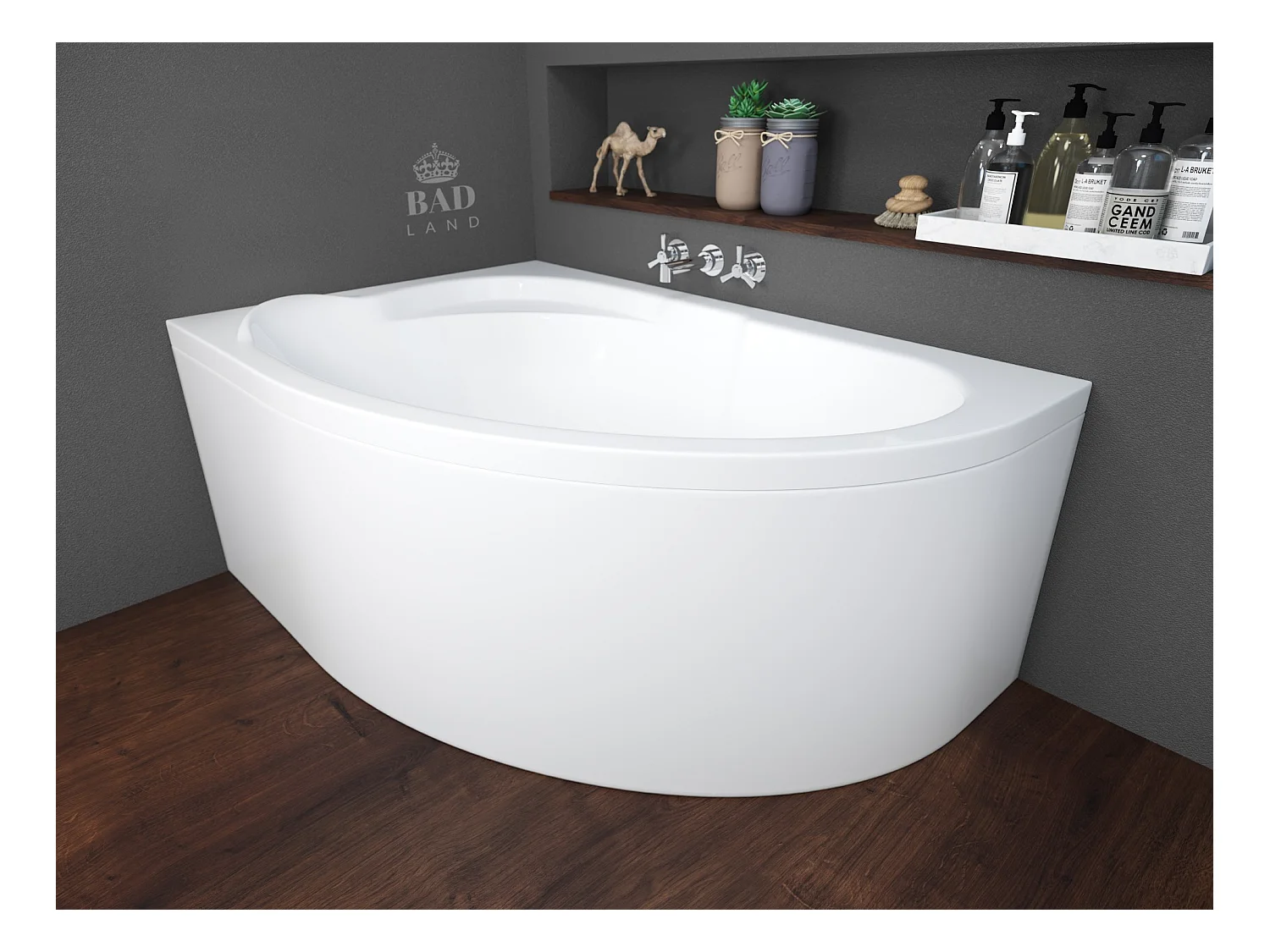 Baignoire asymétrique 130x85 Gauche STANDARD acrylique blanc, sans Habillage + Pieds + Vidage à chromé