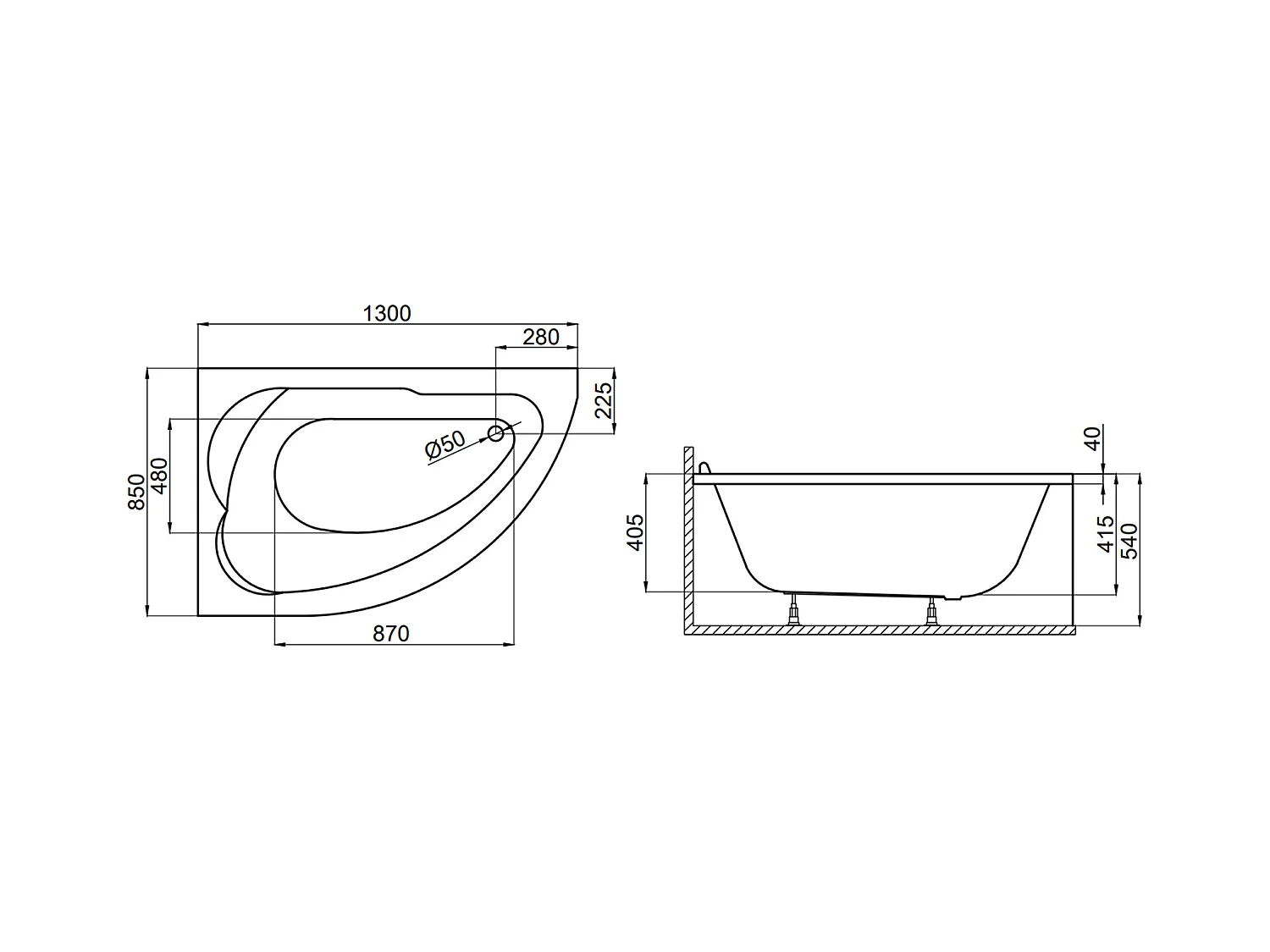 Badewanne Eckwanne STANDARD 130x85 Links | Ablauf & Füße GRATIS !