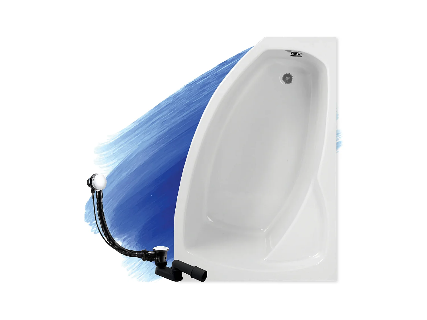 Baignoire asymétrique 150x90 Droite FRIDA acrylique blanc, sans Habillage + Pieds + Vidage à chromé