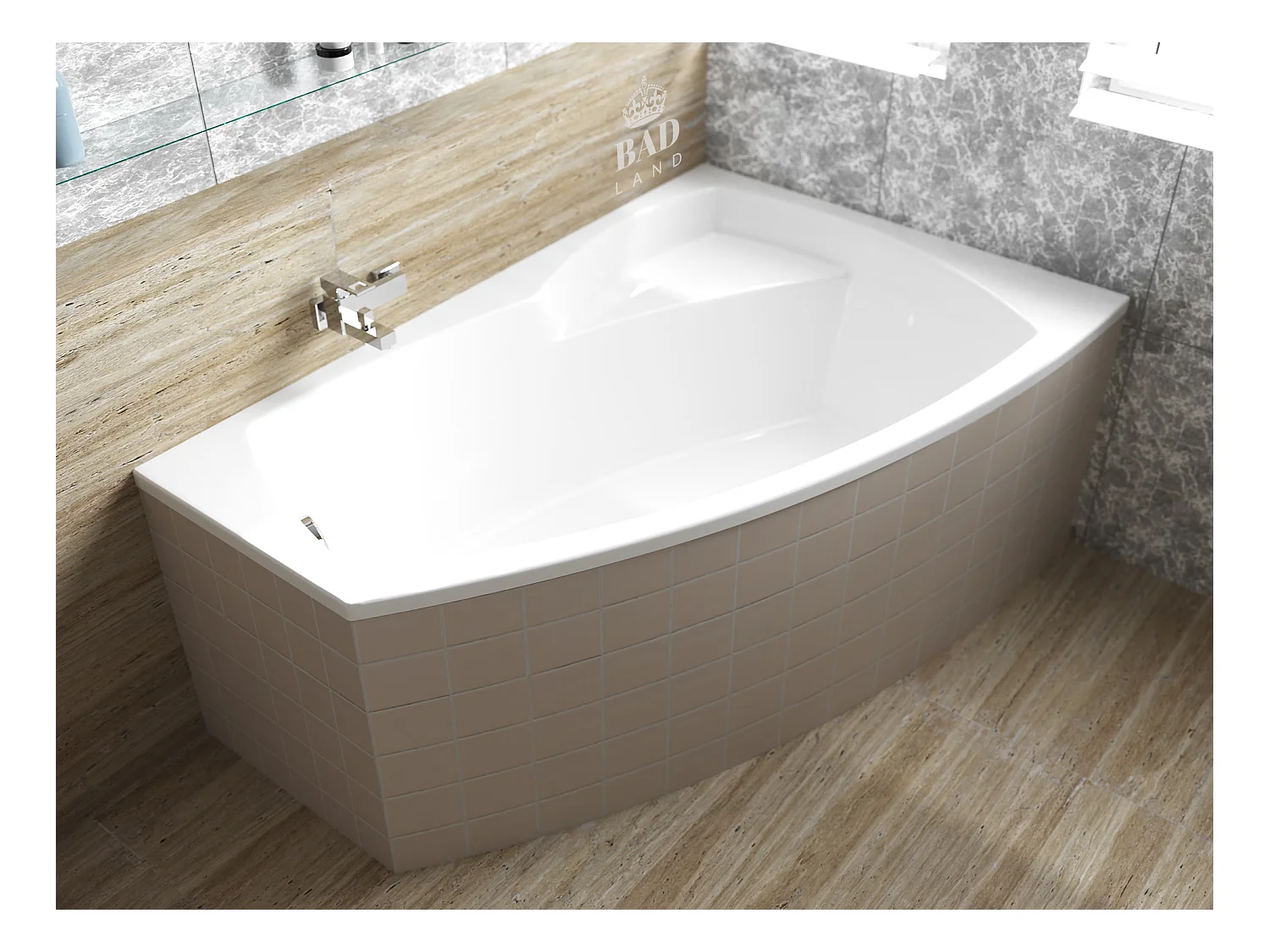 Baignoire asymétrique 150x90 Droite FRIDA acrylique blanc, sans Habillage + Pieds + Vidage à chromé