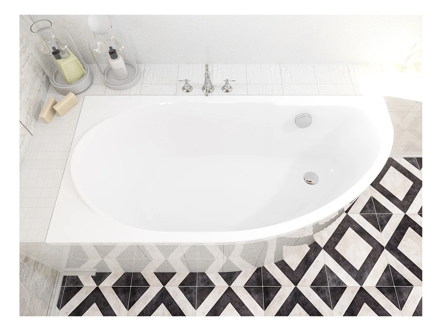 Baignoire asymétrique 140x70 Droite MIKI acrylique blanc + Habillage en polystyrène + Pieds + Vidage à chromé