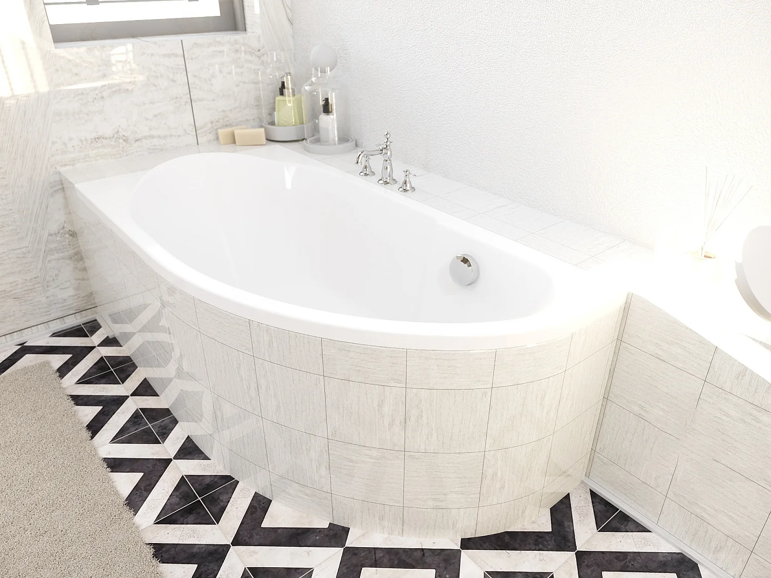 Baignoire asymétrique 140x70 Droite MIKI acrylique blanc + Habillage en polystyrène + Pieds + Vidage à chromé