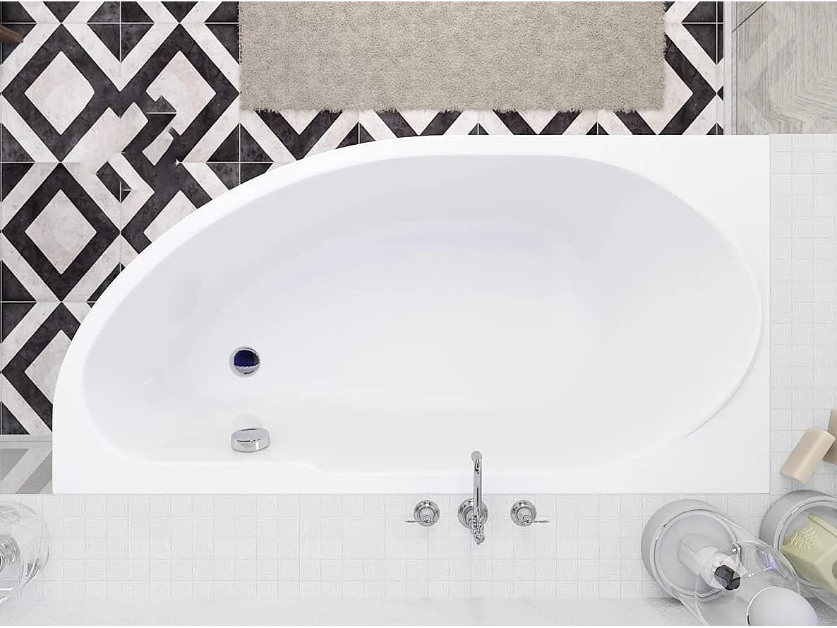 Baignoire asymétrique 140x70 Droite MIKI acrylique blanc + Habillage en polystyrène + Pieds + Vidage à chromé