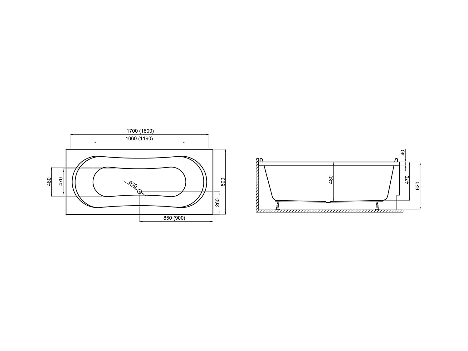 Baignoire rectangulaire 180x80 LONG acrylique blanc + Support stabilisateur en polystyrène + Pieds + Vidage à chromé