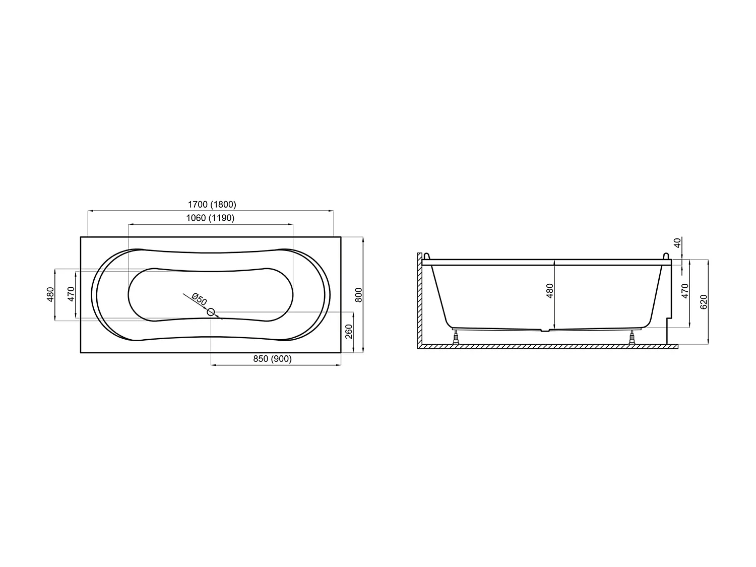Baignoire rectangulaire 180x80 LONG acrylique blanc + Support stabilisateur en polystyrène + Pieds + Vidage à chromé