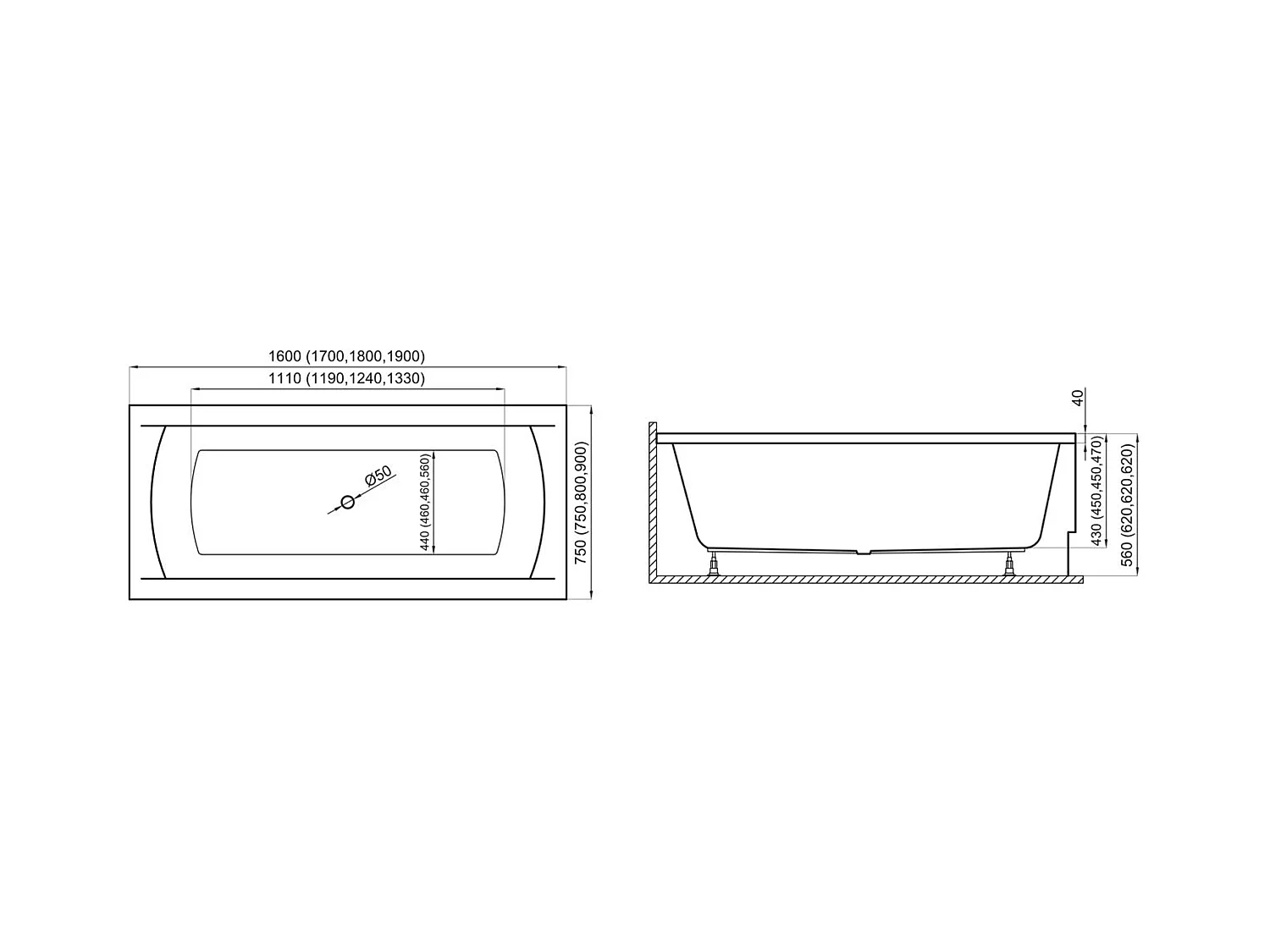 Baignoire rectangulaire 180x80 INES acrylique blanc, sans Habillage + Pieds + Vidage à chromé