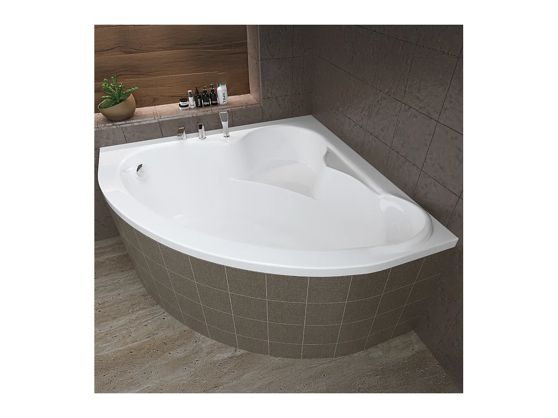 Baignoire asymétrique 120x120 STANDARD acrylique blanc + Habillage en polystyrène + Pieds + Vidage à chromé