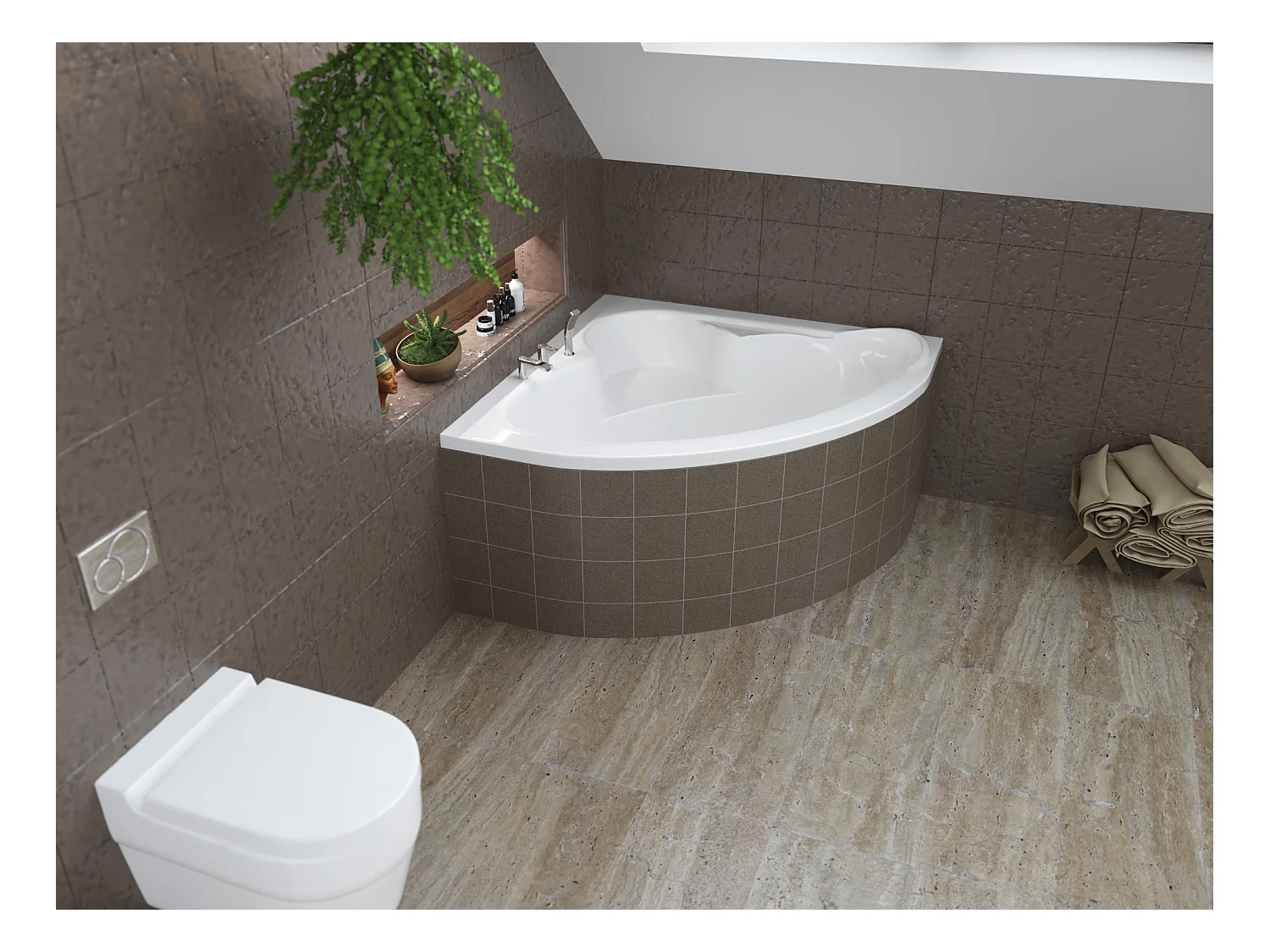 Baignoire asymétrique 120x120 STANDARD acrylique blanc + Habillage en polystyrène + Pieds + Vidage à chromé