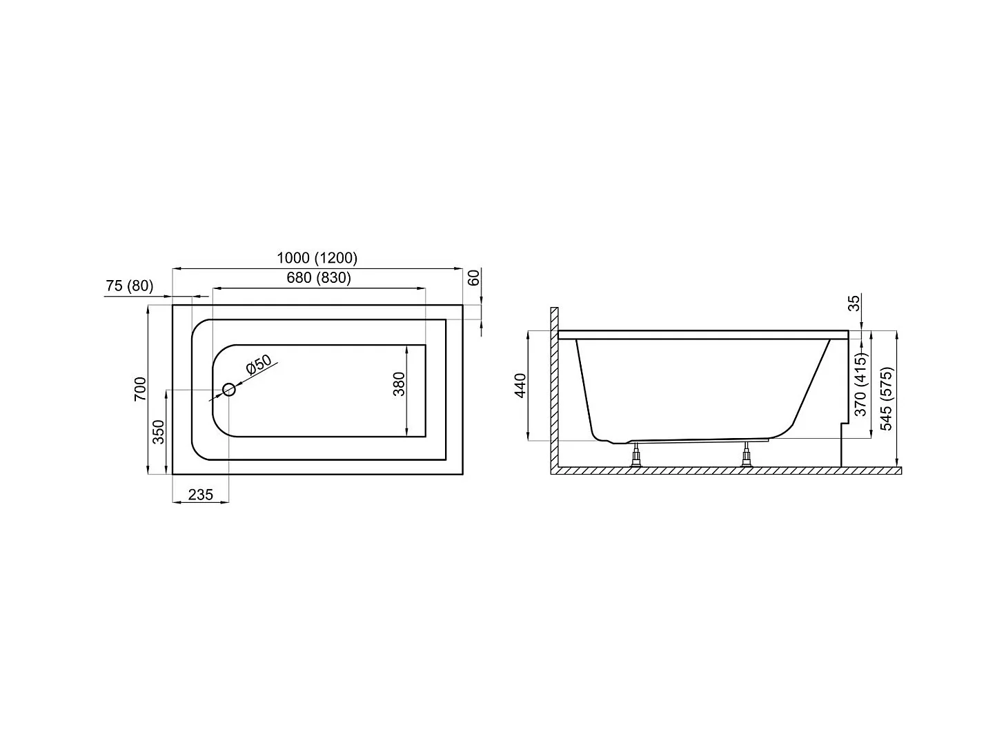 Baignoire rectangulaire 120x70 CAPRI acrylique blanc + Habillage en polystyrène + Pieds + Vidage à chromé