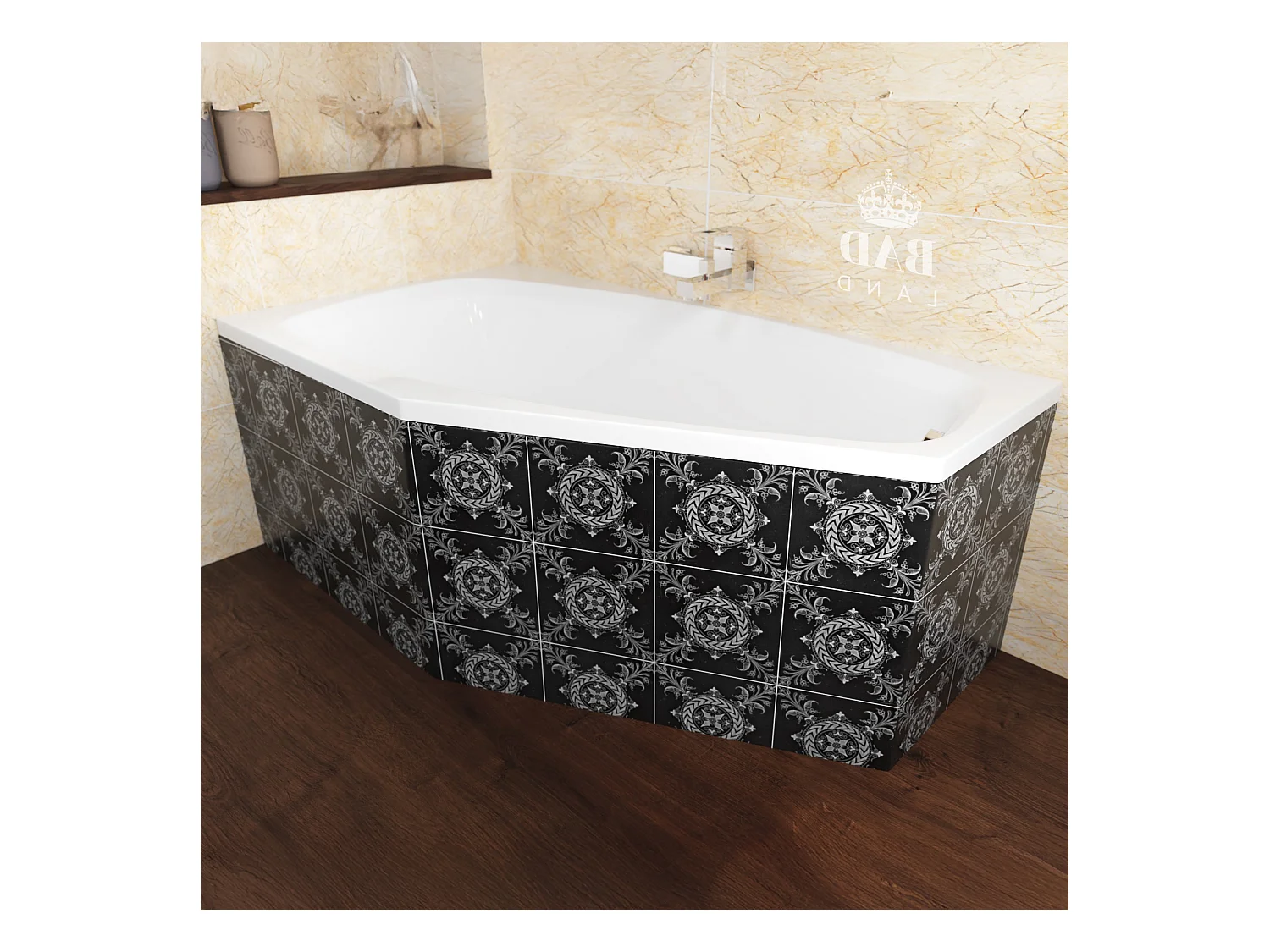 Baignoire asymétrique 140x80 Gauche MARIKA acrylique blanc + Habillage en polystyrène + Pieds + Vidage à chromé