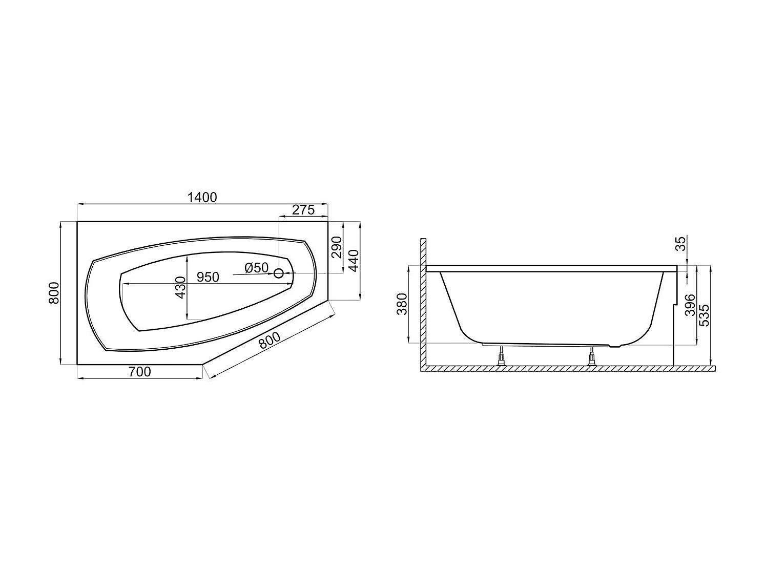 Baignoire asymétrique 140x80 Gauche MARIKA acrylique blanc + Habillage en polystyrène + Pieds + Vidage à chromé