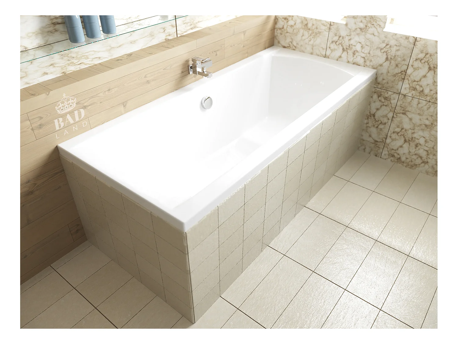 Baignoire rectangulaire 160x75 INES acrylique blanc, sans Habillage + Pieds + Vidage à chromé