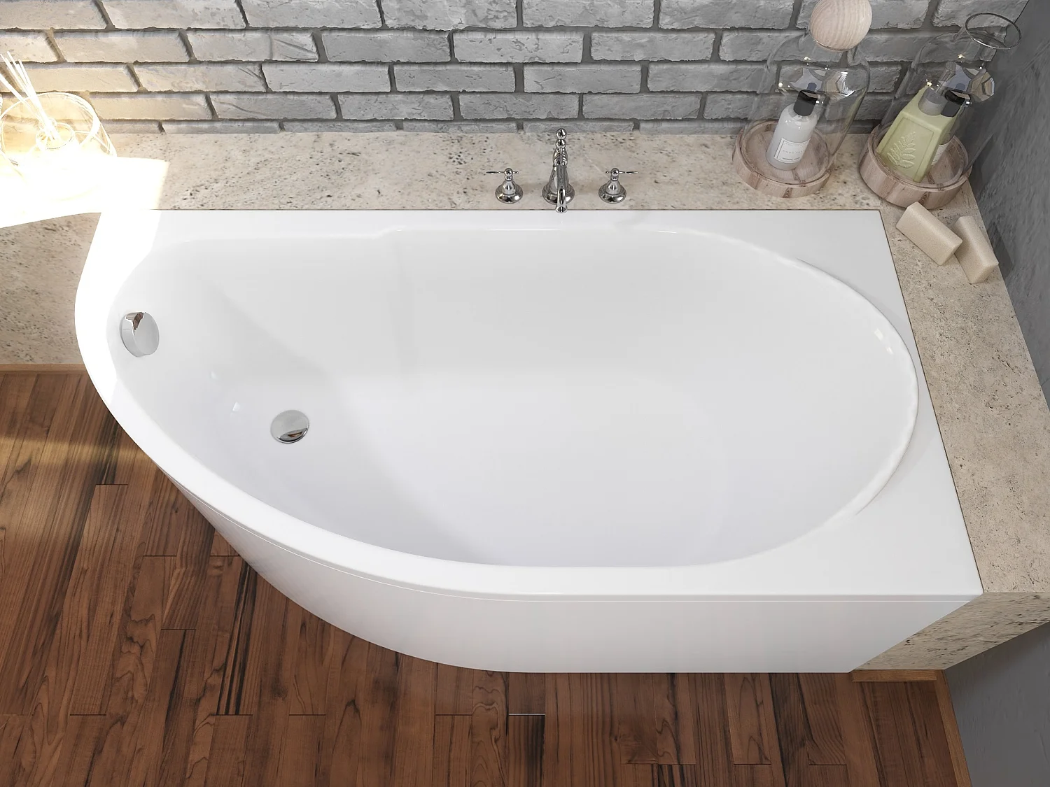 Baignoire asymétrique 145x85 Droite MIKI acrylique blanc, sans Habillage + Pieds + Vidage à chromé