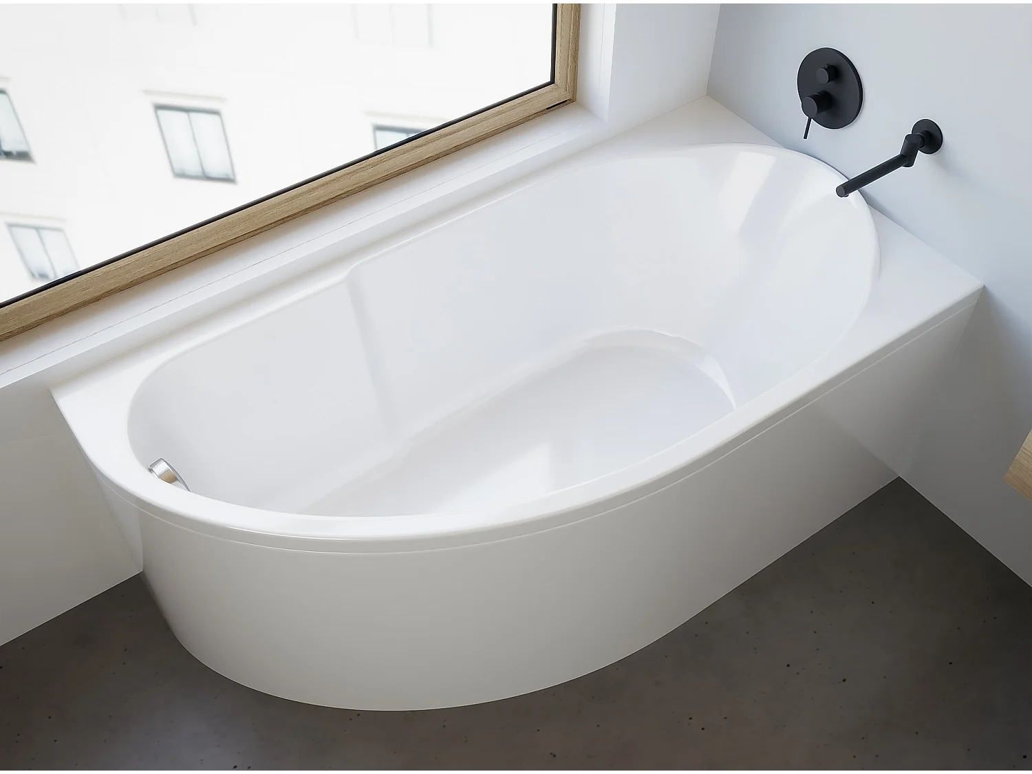 Baignoire asymétrique 145x85 Droite MIKI acrylique blanc, sans Habillage + Pieds + Vidage à chromé