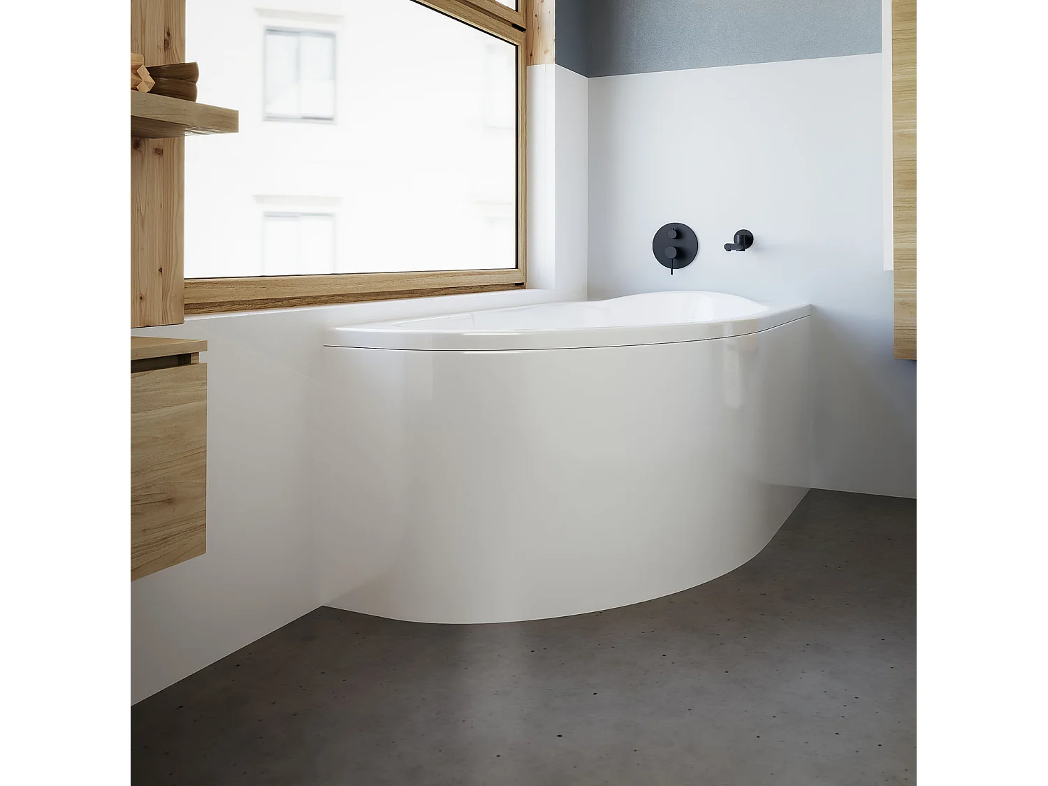 Baignoire asymétrique 145x85 Droite MIKI acrylique blanc, sans Habillage + Pieds + Vidage à chromé