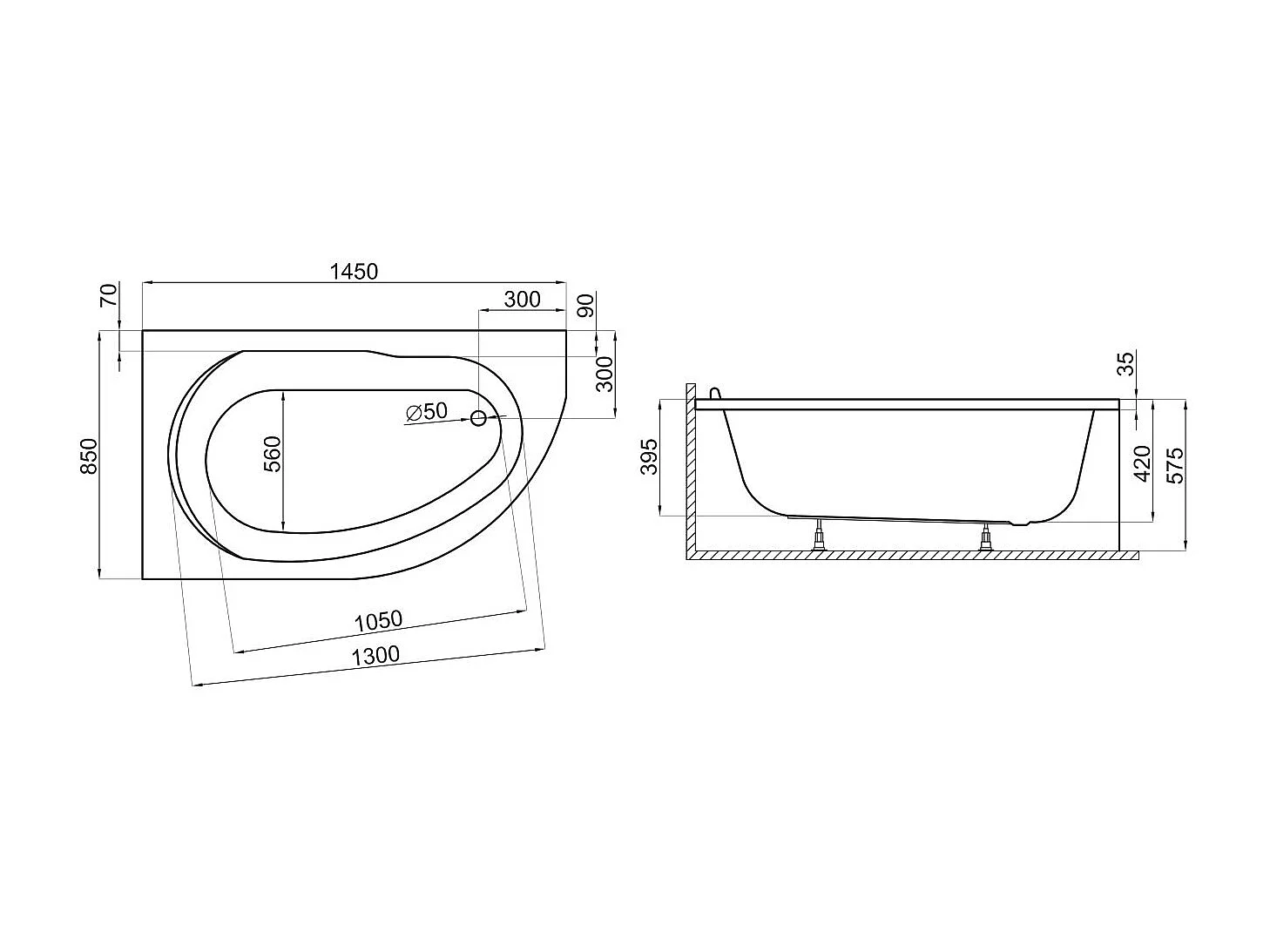 Baignoire asymétrique 145x85 Droite MIKI acrylique blanc, sans Habillage + Pieds + Vidage à chromé