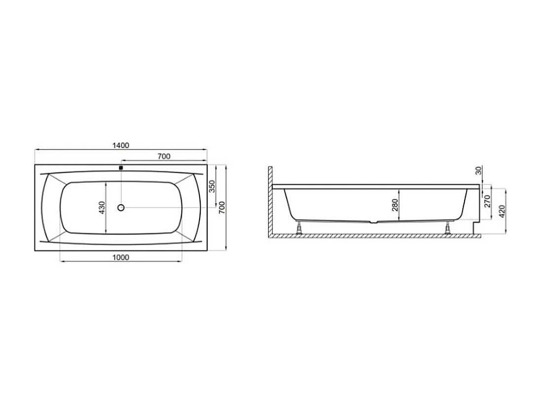Baignoire rectangulaire 140x70 APRI acrylique blanc + Support stabilisateur en polystyrène + Pieds + Vidage à chromé