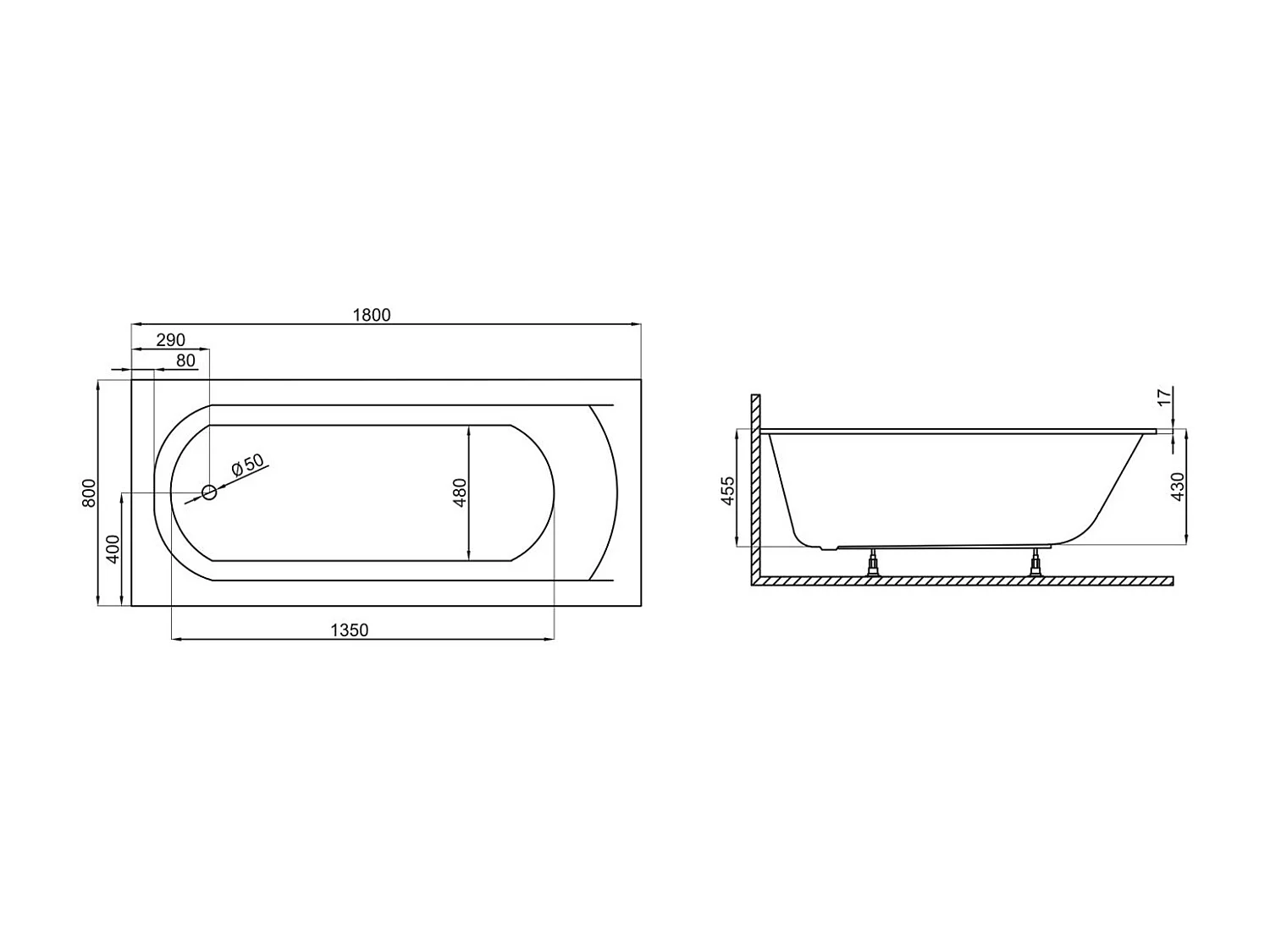 Baignoire rectangulaire 180x80 CLASSIC SLIM acrylique blanc + Support stabilisateur en polystyrène + Pieds + Vidage à chromé