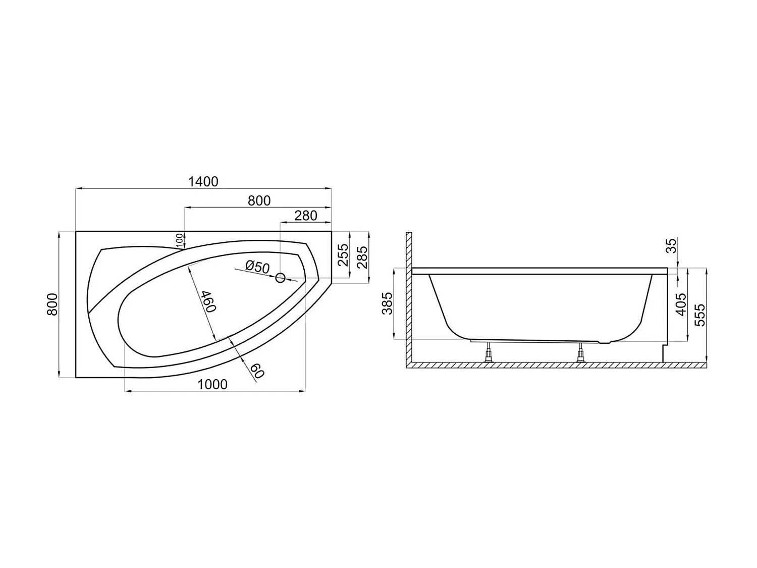 Baignoire asymétrique 140x80 Droite FRIDA acrylique blanc + avec Tablier + Pieds + Vidage à chromé