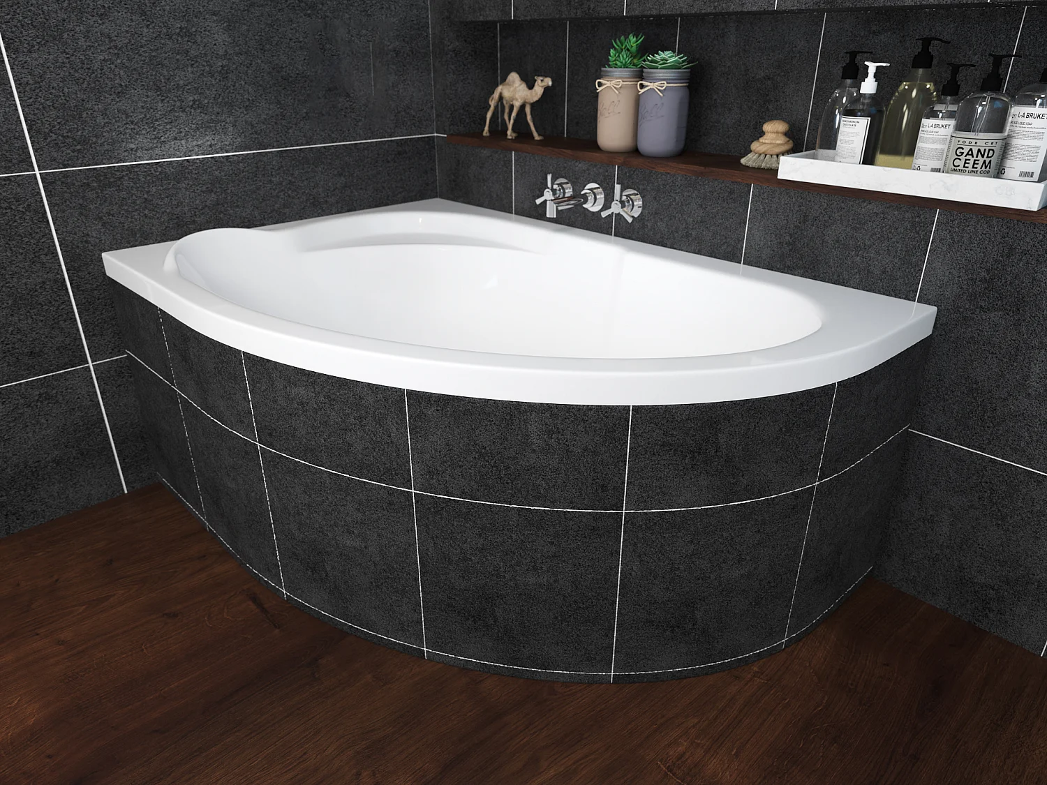 Baignoire asymétrique 130x85 Gauche STANDARD acrylique blanc + Habillage en polystyrène + Pieds + Vidage à chromé