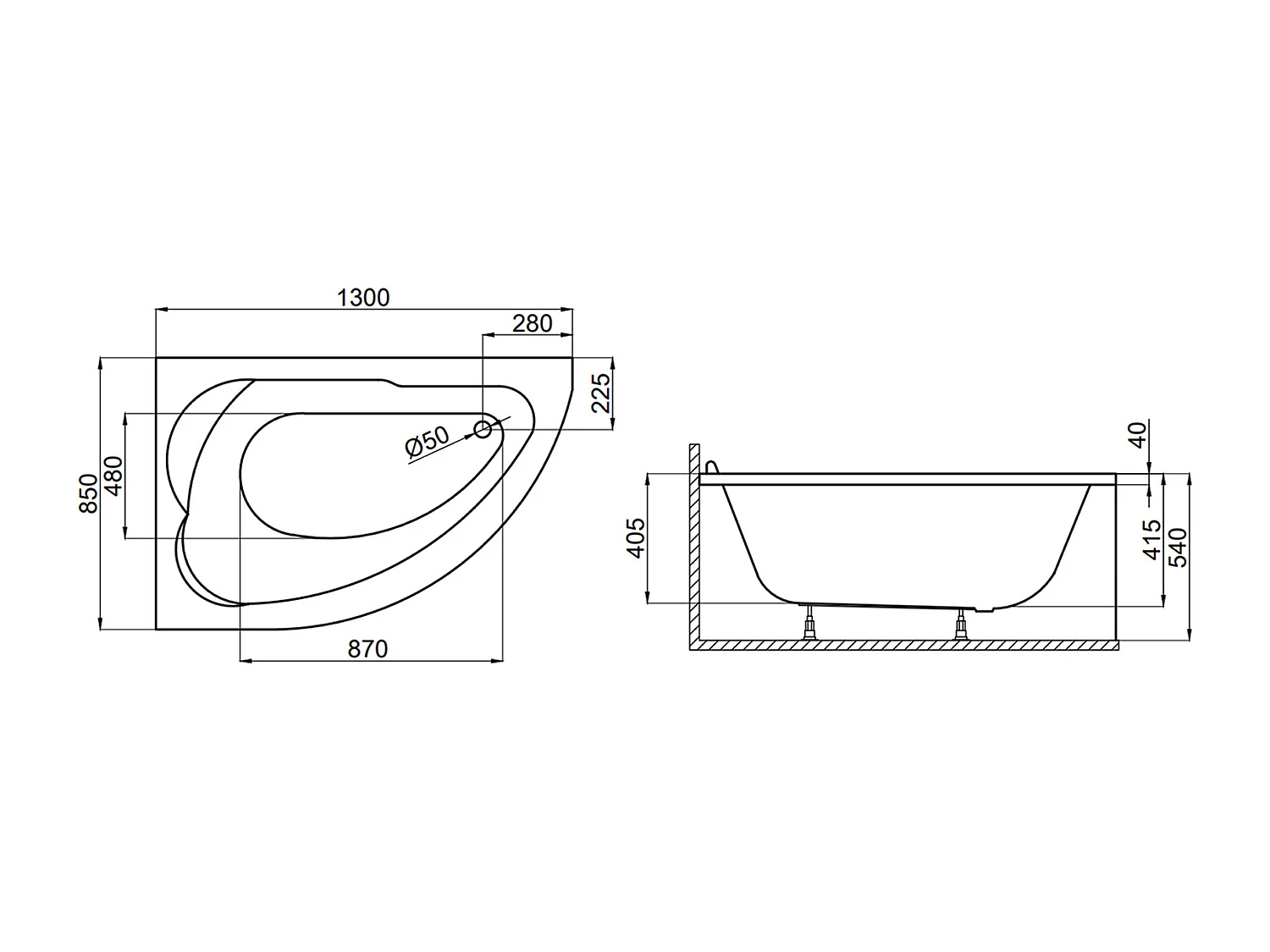 Baignoire asymétrique 130x85 Gauche STANDARD acrylique blanc + Habillage en polystyrène + Pieds + Vidage à chromé