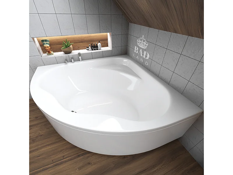 Baignoire asymétrique 150x150 STANDARD acrylique blanc + avec Tablier + Pieds + Vidage à chromé